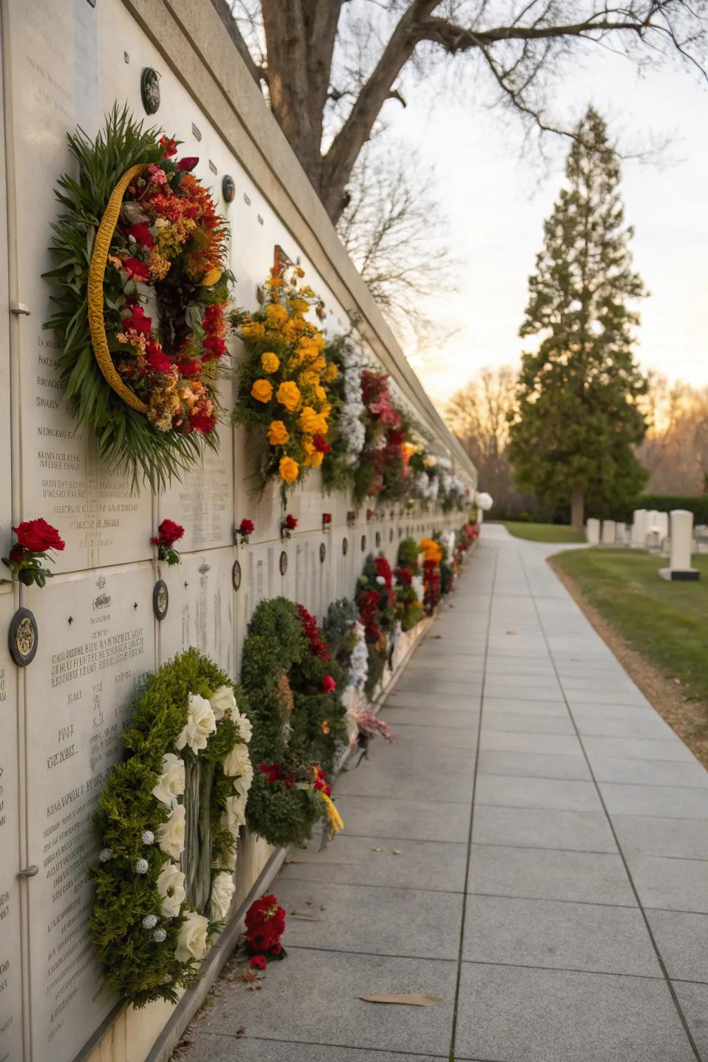 Seasonal decorations bringing life to a memorial wall.