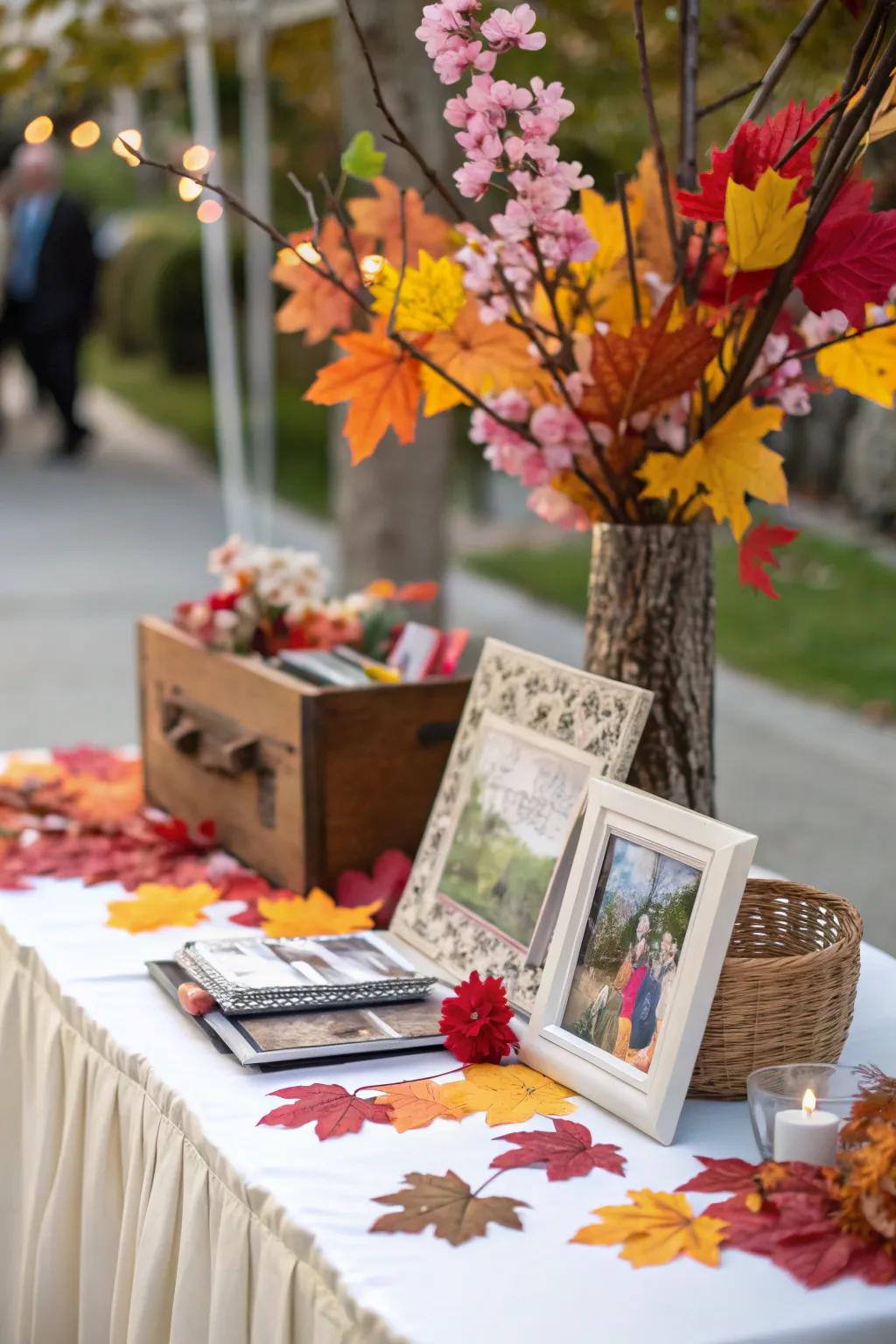 Seasonal decorations tie your memory table to the wedding's time of year.