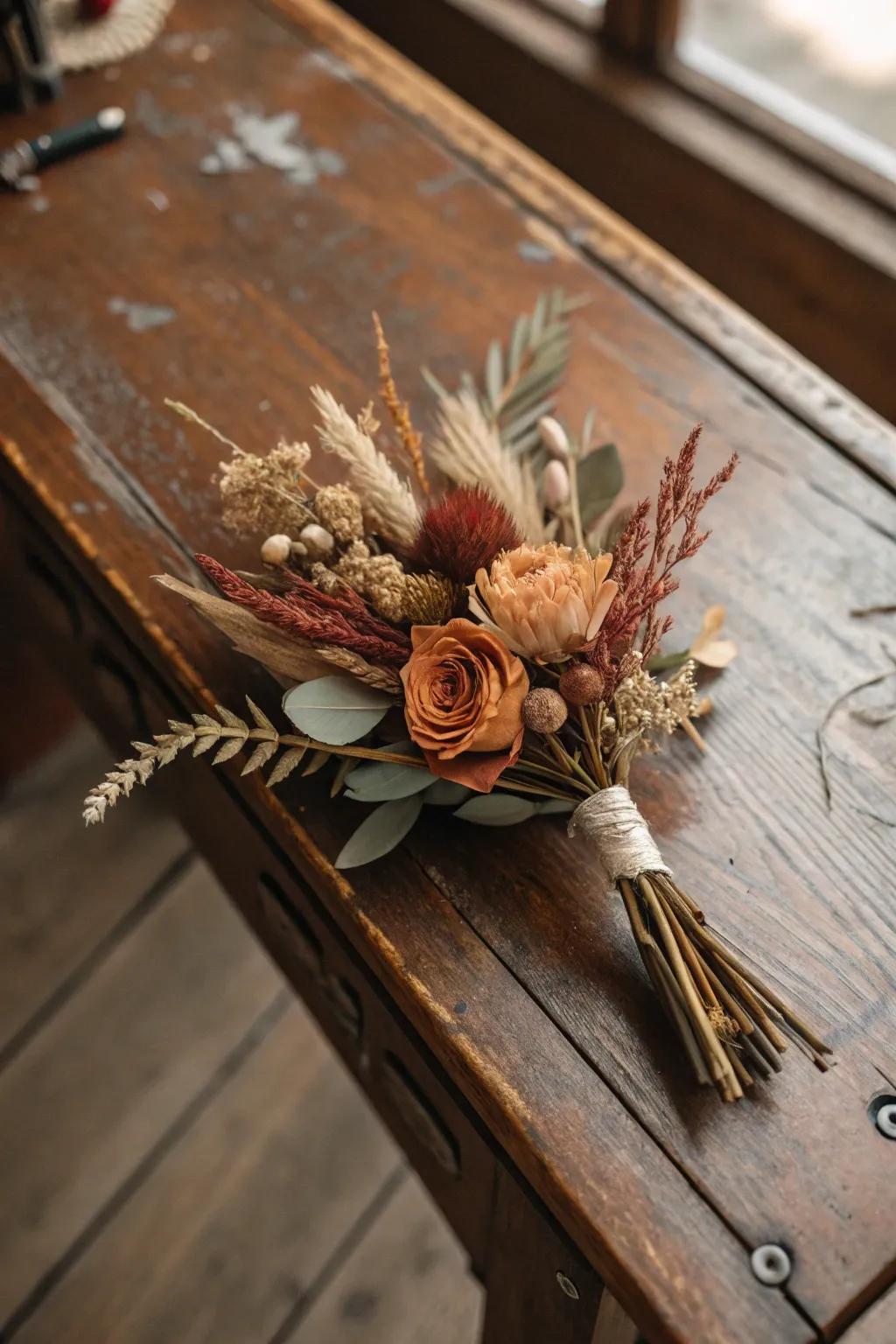 Dried florals create a vintage-inspired boutonniere.