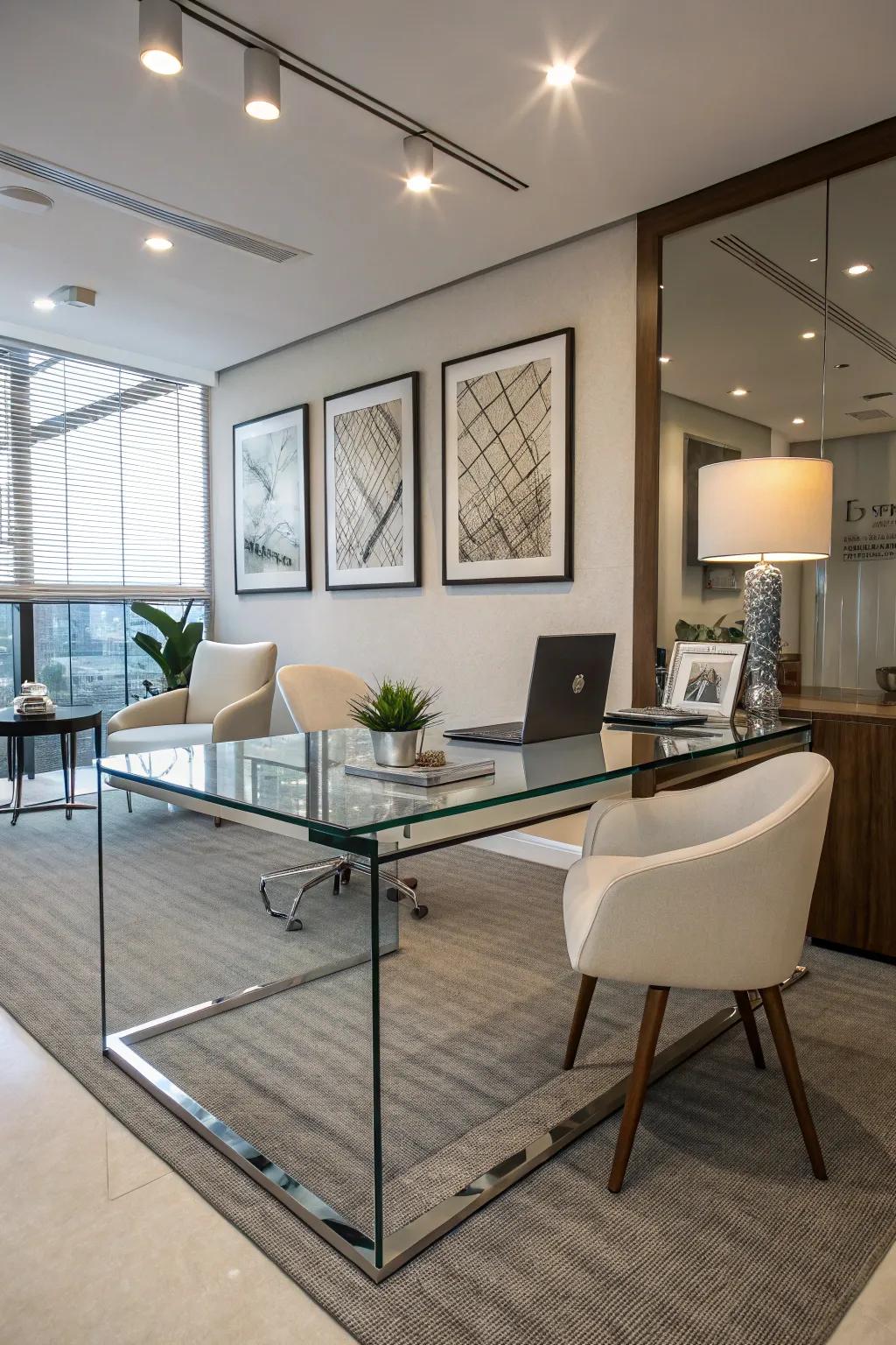 A glass desk and modern decor add an open and bright feel to the office.