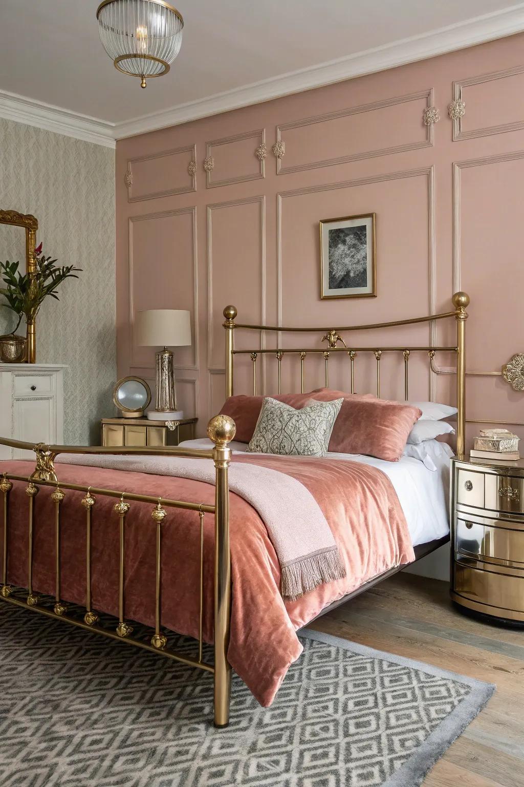 Elegant metallic accents, including a brass bed frame, enhance this mid-century modern bedroom.