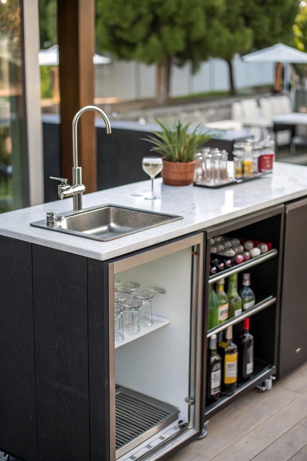 A small sink enhances the functionality and convenience of a mini bar.