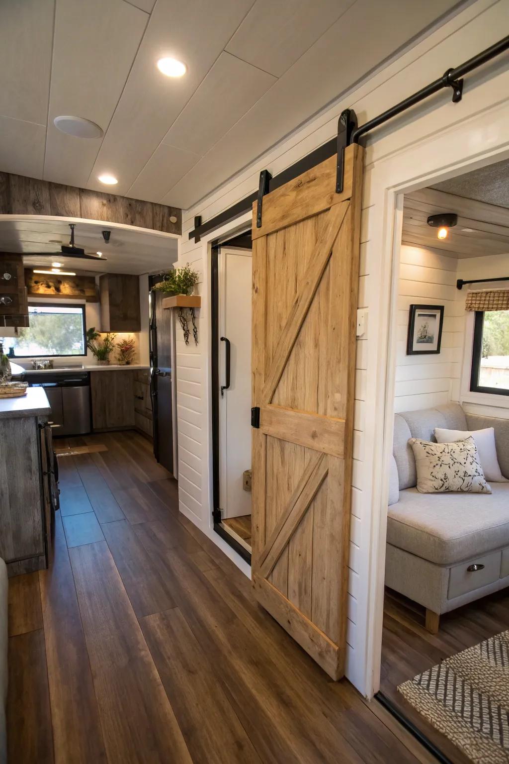 Sliding barn doors are a stylish and space-saving solution.