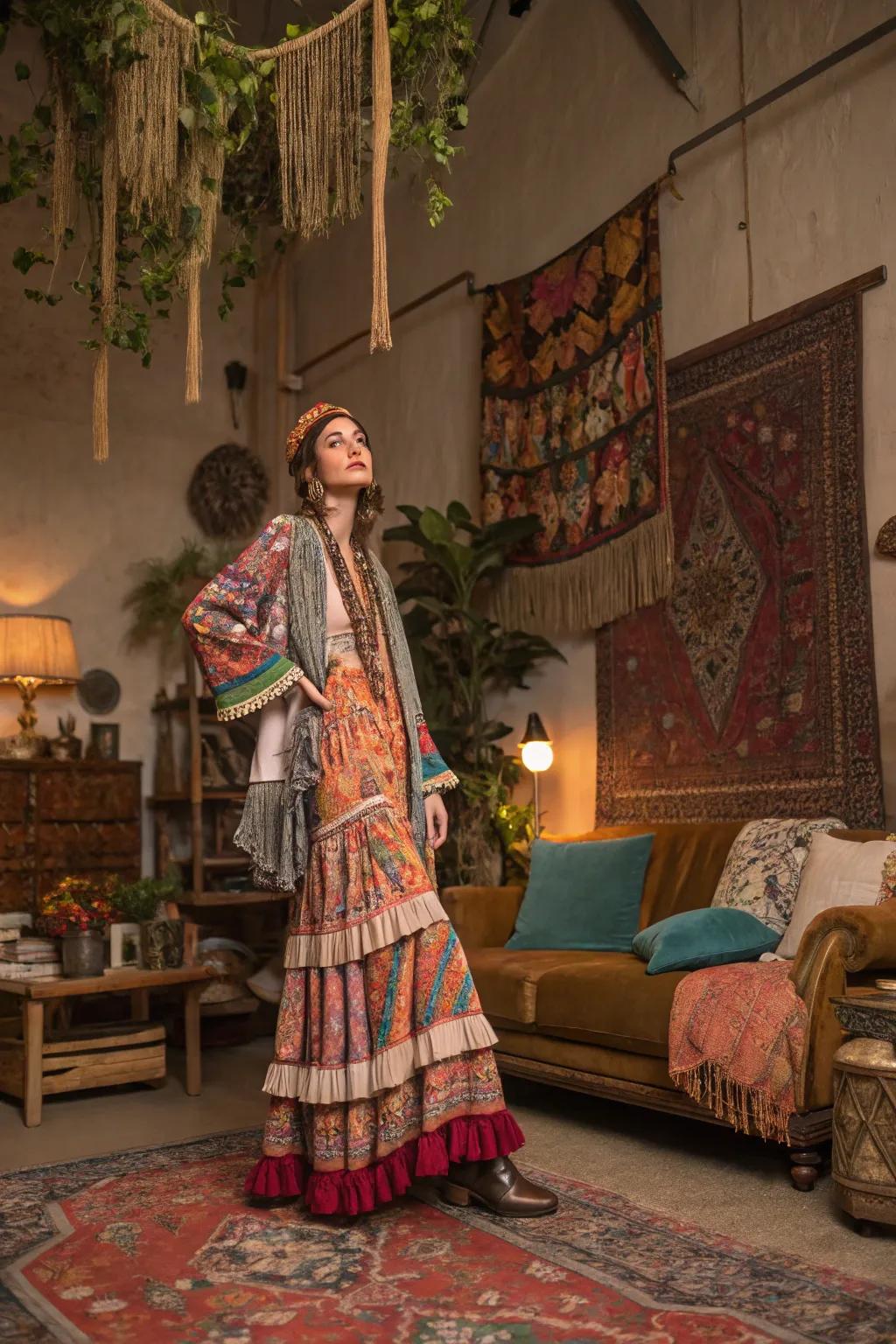 A free-spirited bohemian costume with vibrant layers.