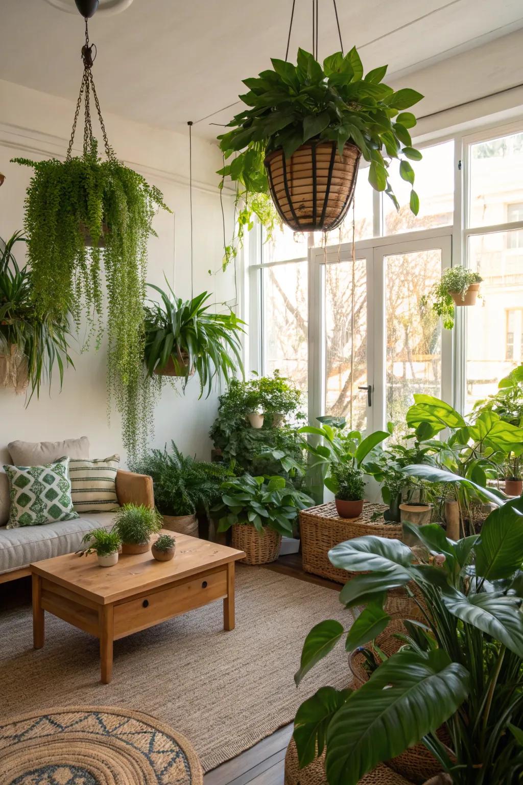 Greenery breathes life into the farmhouse living room, enhancing its natural appeal.