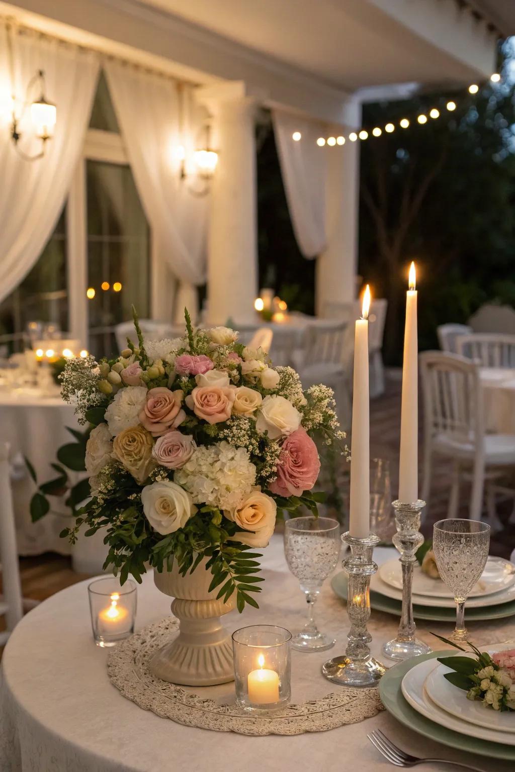 A romantic flower and candle arrangement setting the mood.