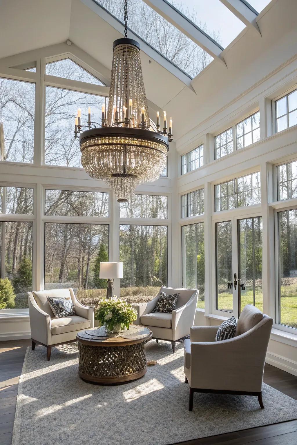 Statement lighting adds a touch of elegance to this sunroom.