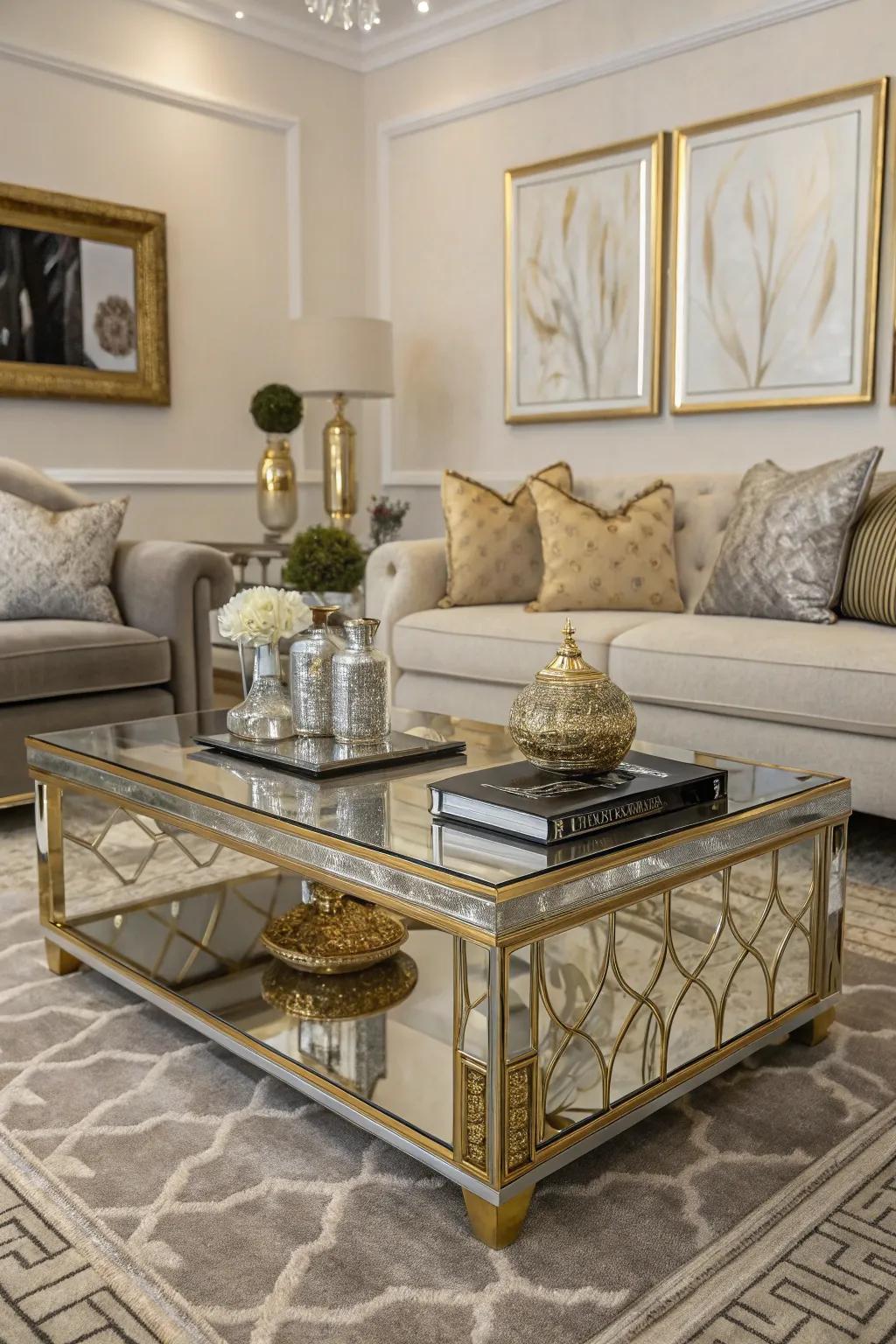 Reflective table surfaces enhance the room's luminosity.