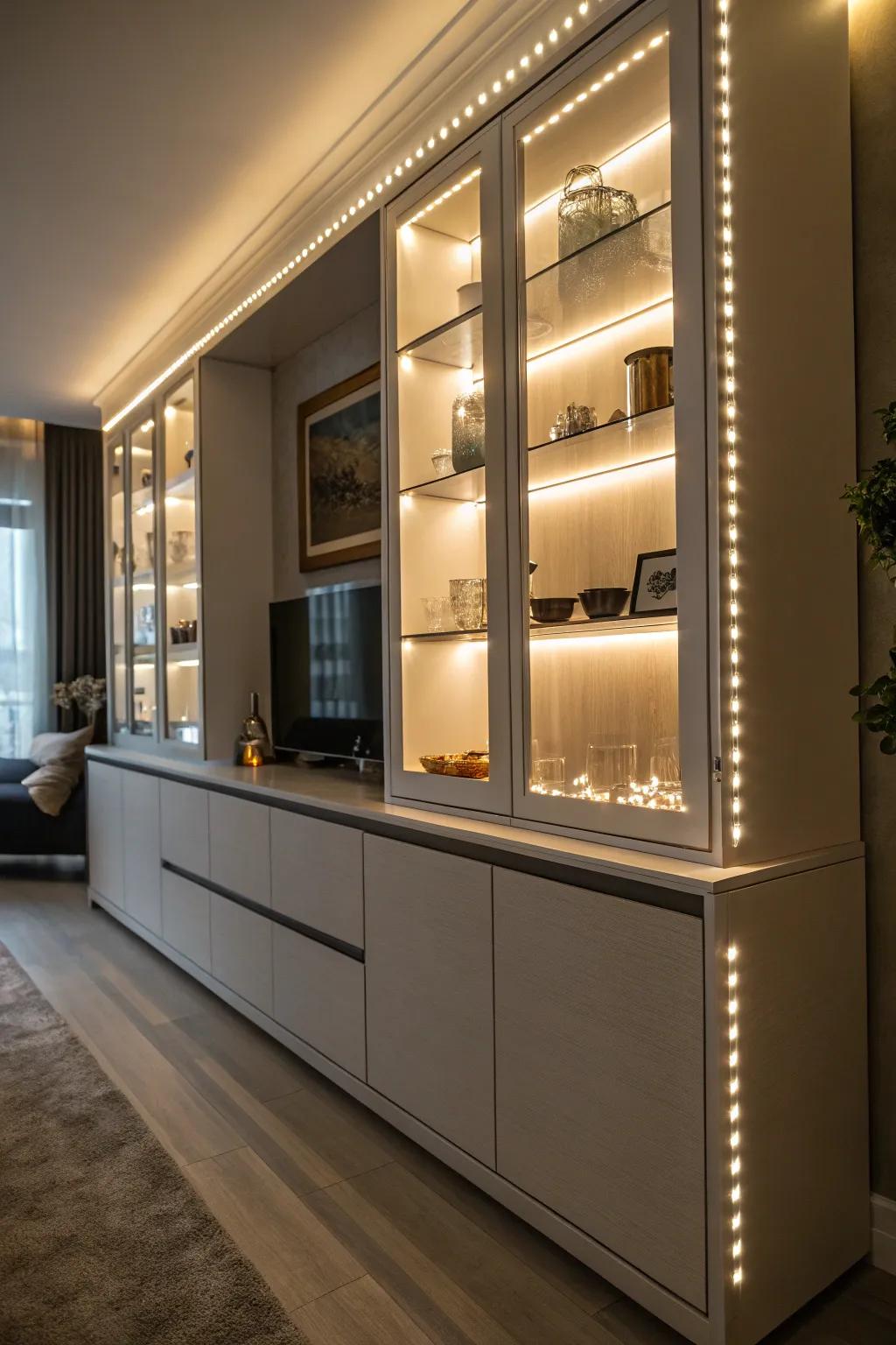 Innovative lighting highlights and enhances the hutch's decor.