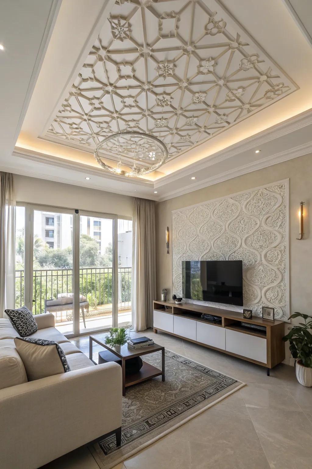 A statement ceiling balances the room's visual focus.