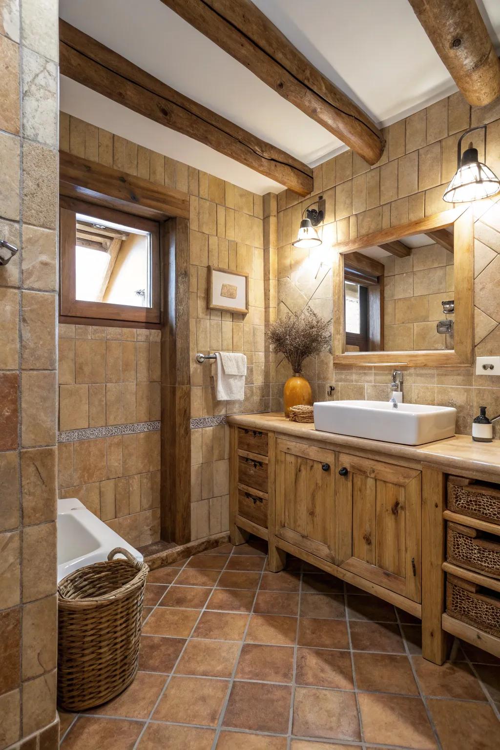 Earthy tiles harmonizing beautifully with rustic wood.