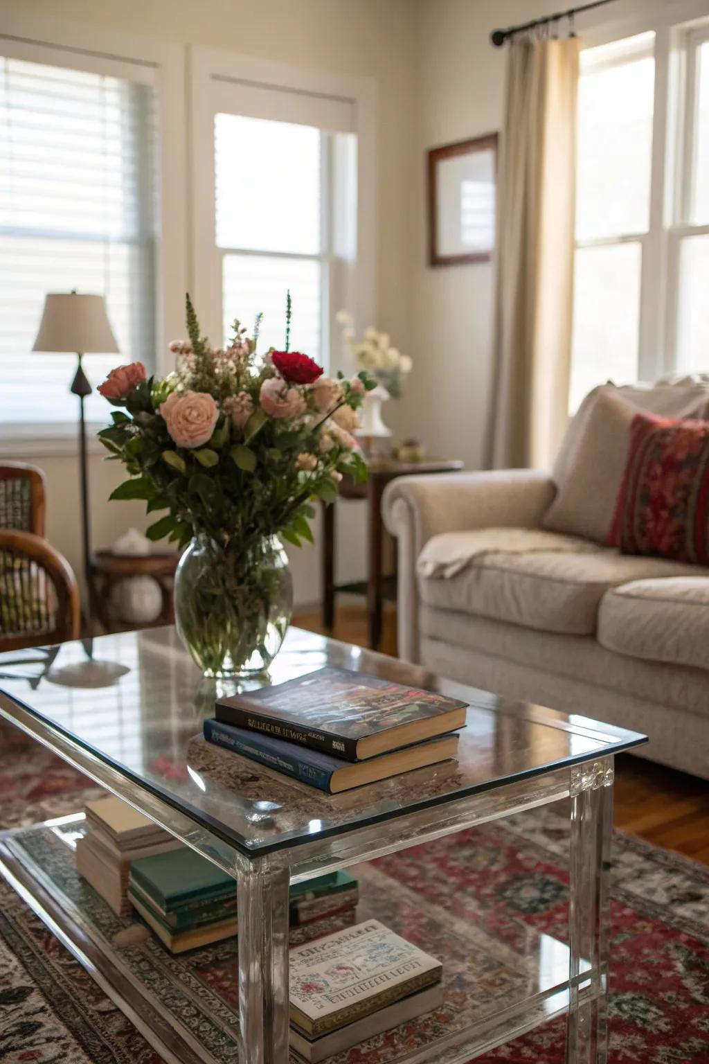 A small living room featuring a transparent glass coffee table.