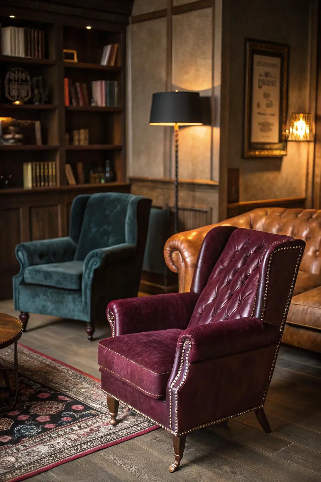 Moody textures like velvet and leather create a tactile richness.