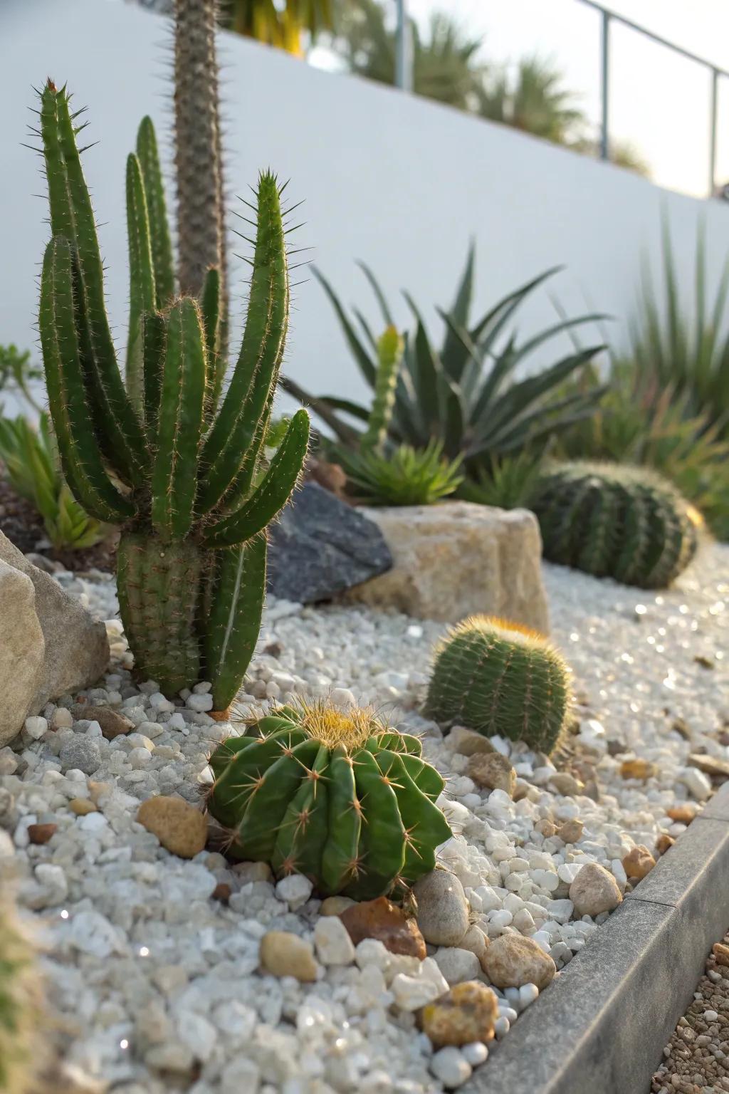 A modern desert oasis featuring cacti surrounded by quartz gravel, offering a vibrant escape.