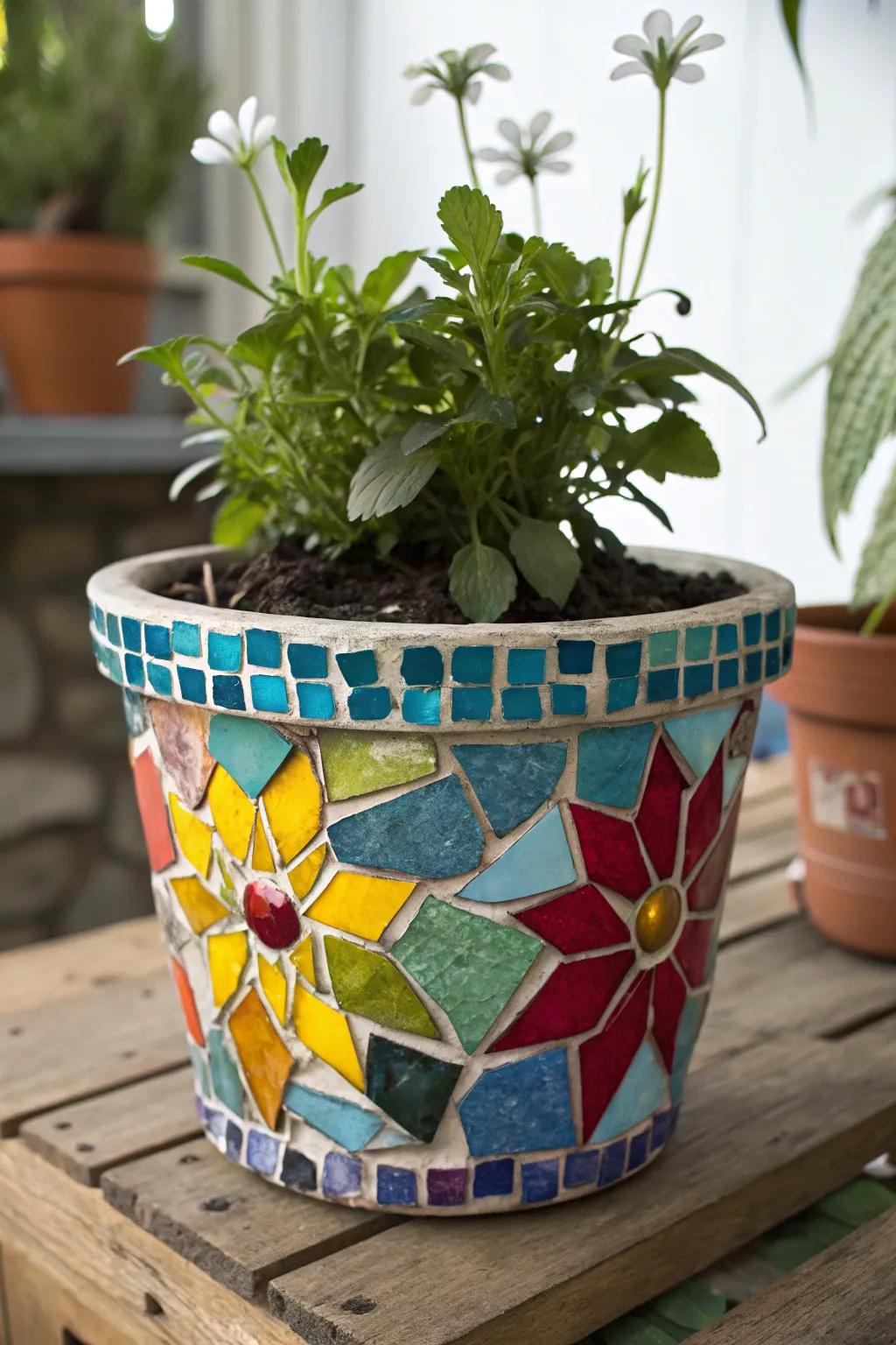 A flower pot adorned with a vibrant mosaic.