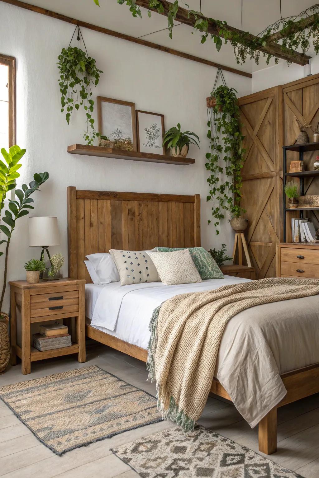 A striking bedroom with a custom wooden headboard as a focal point.