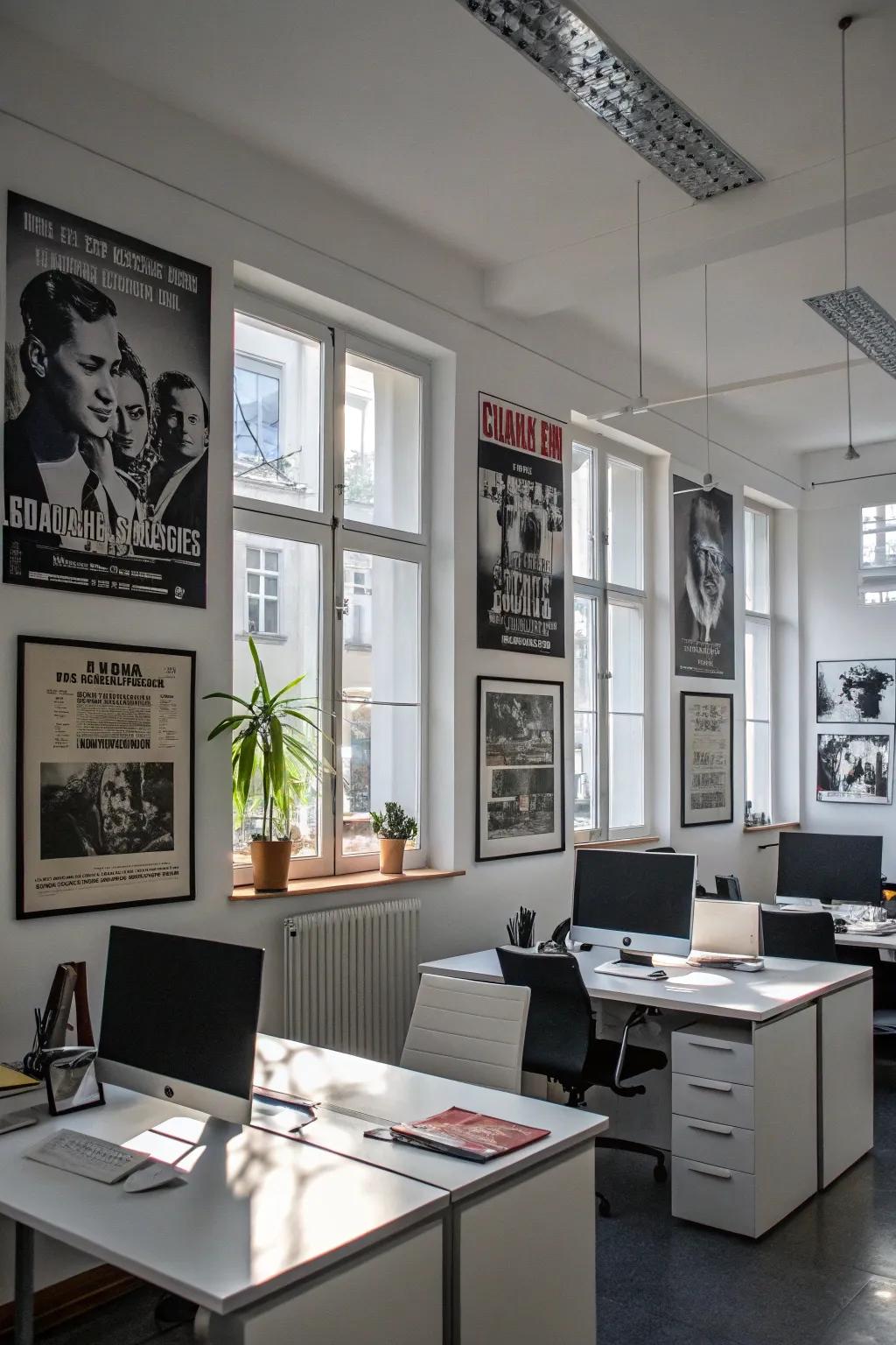 An office featuring monochrome movie art.