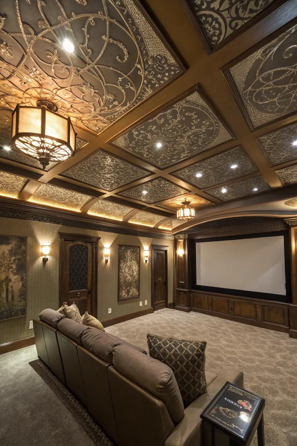 A statement ceiling adds an unexpected wow factor to your movie room.