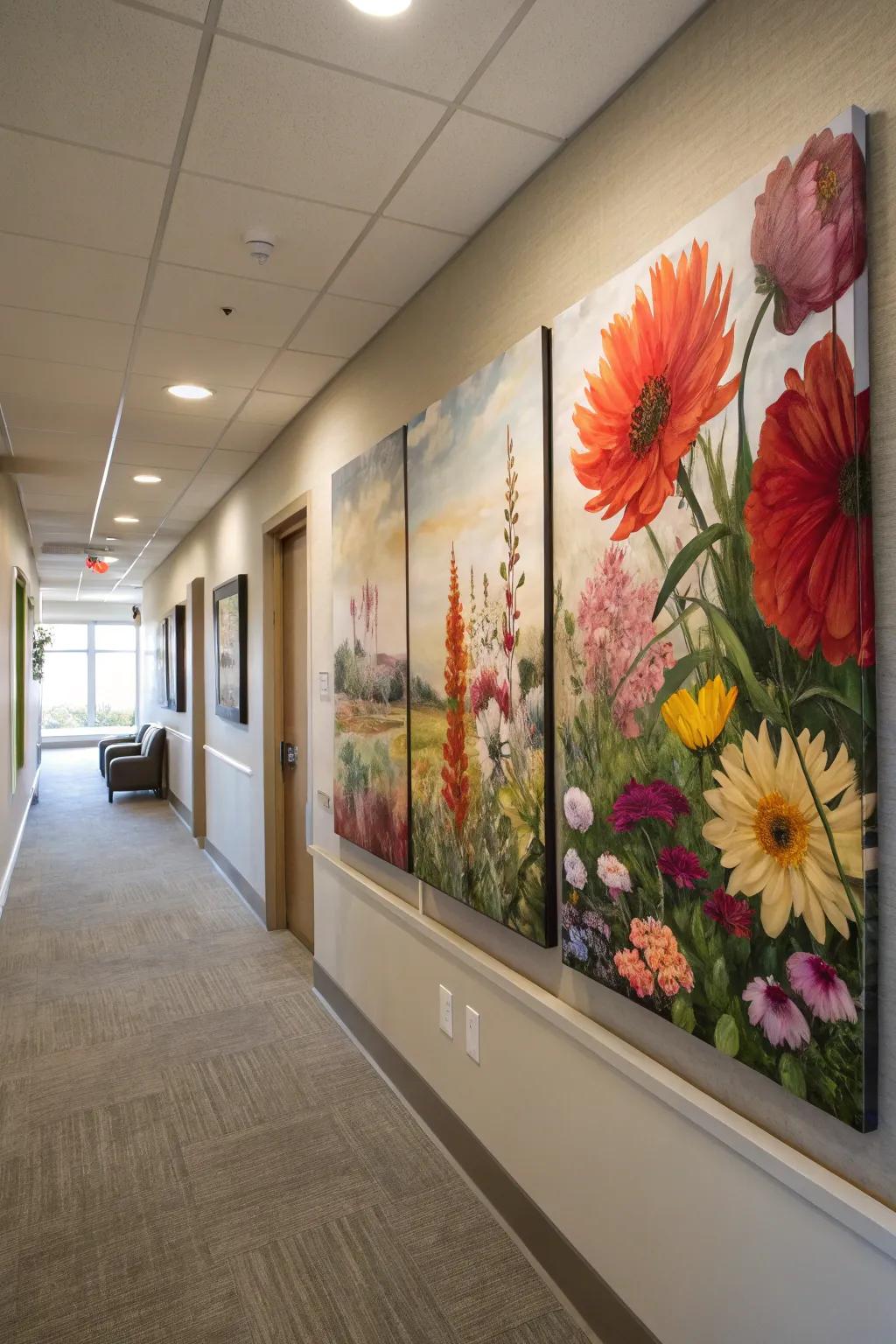 A garden of vibrant floral paintings across multiple canvases, brightening the hallway.