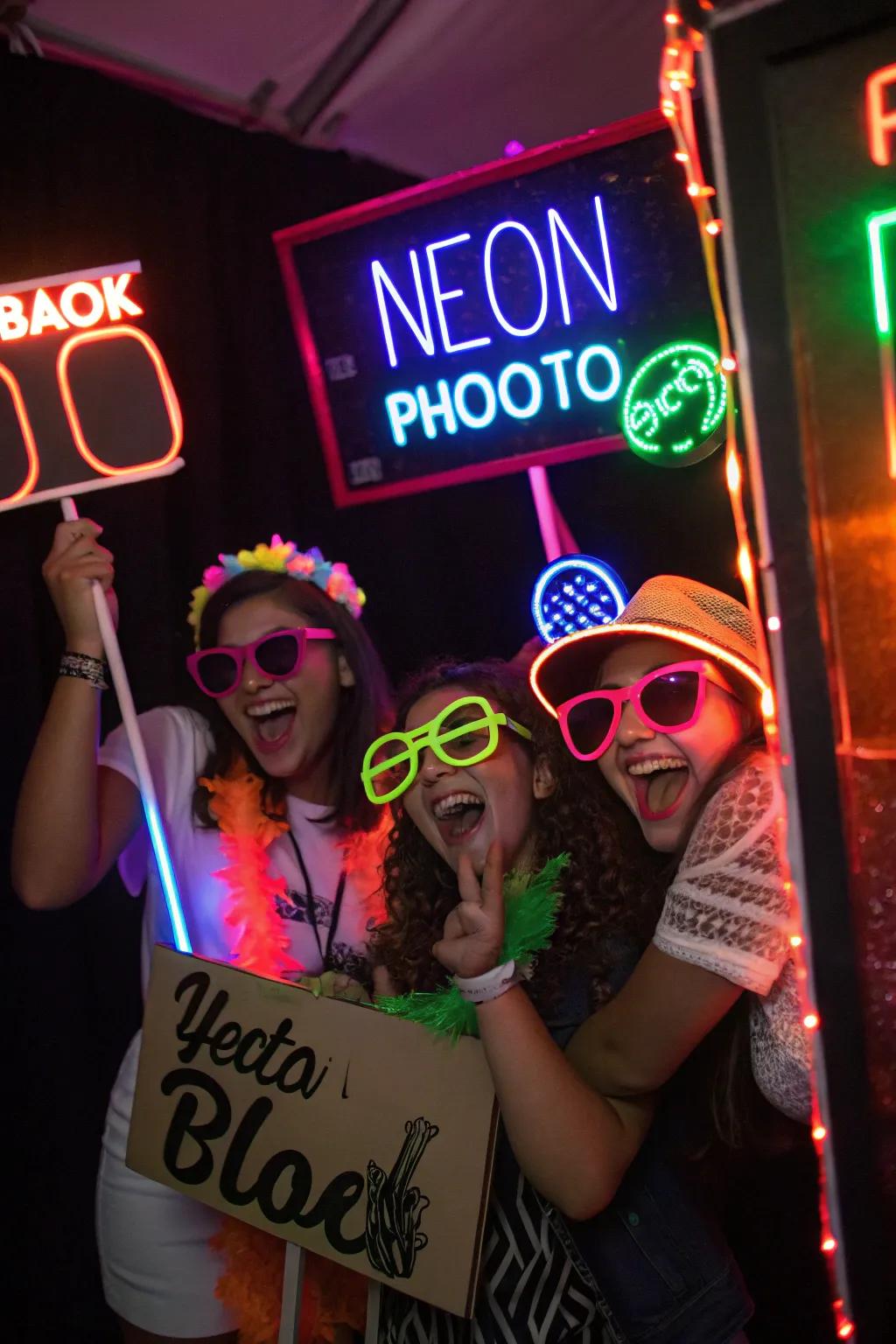 A neon photo booth with glowing props, capturing fun and vibrant party moments.