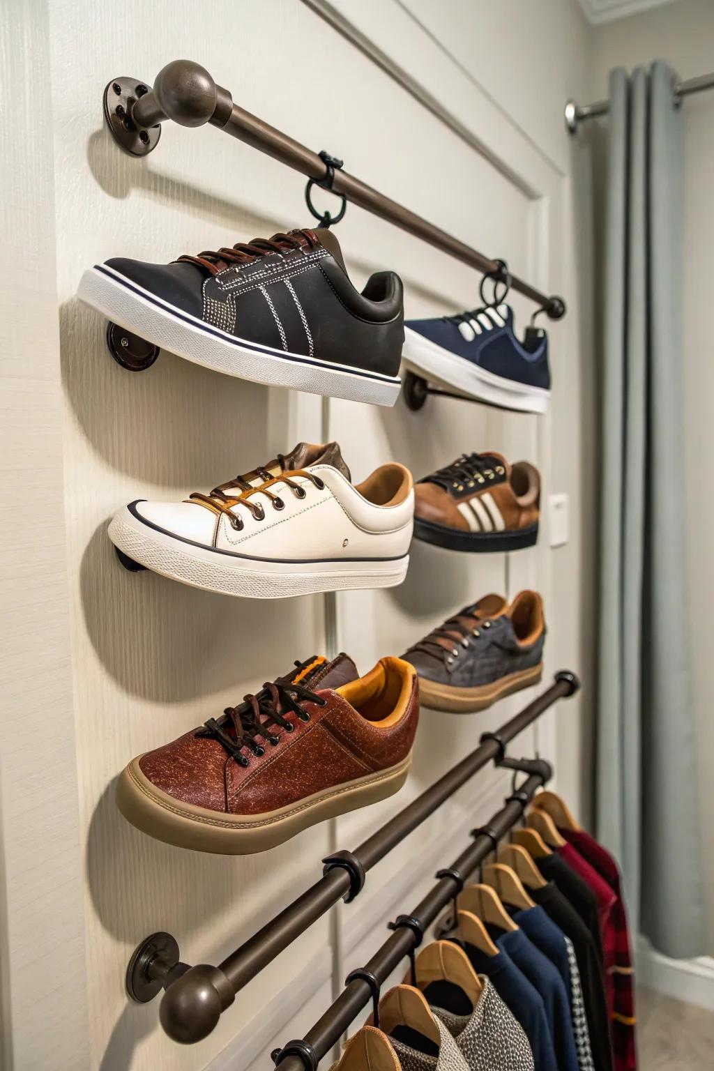 Curtain rods provide a unique shoe storage solution.