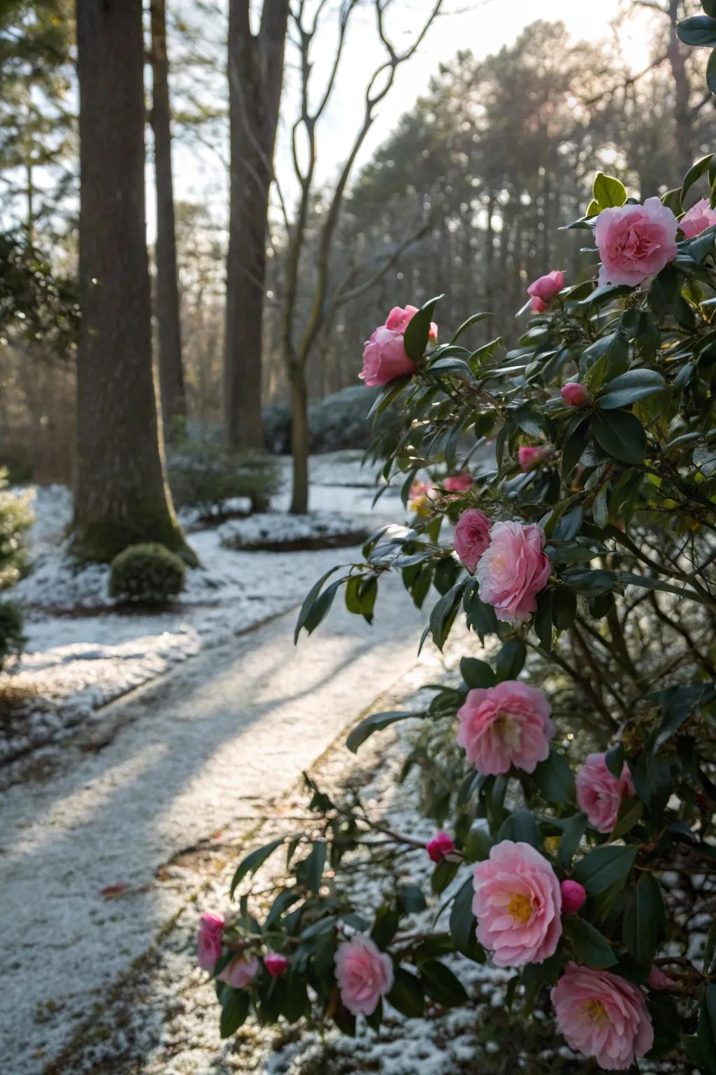 Camellias offering winter blossoms with their rose-like flowers.