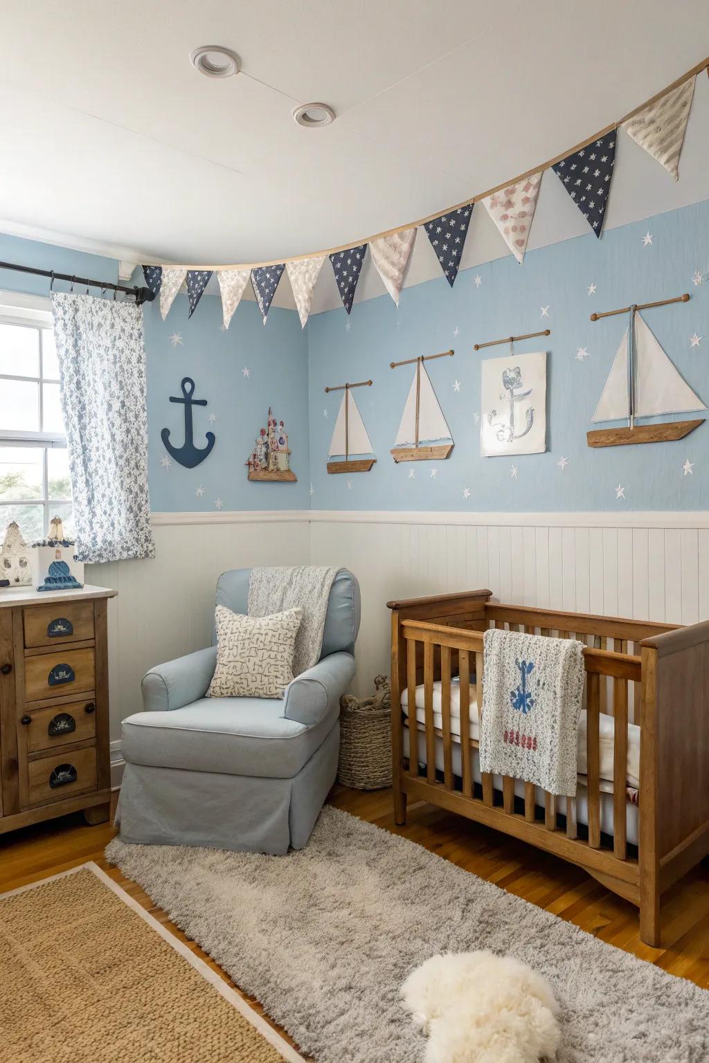 A modern coastal nursery with soothing hues.