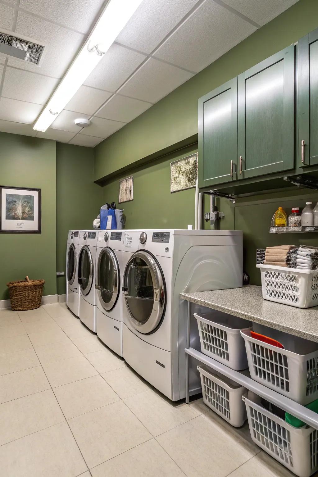 A cheerful laundry room with olive green walls.