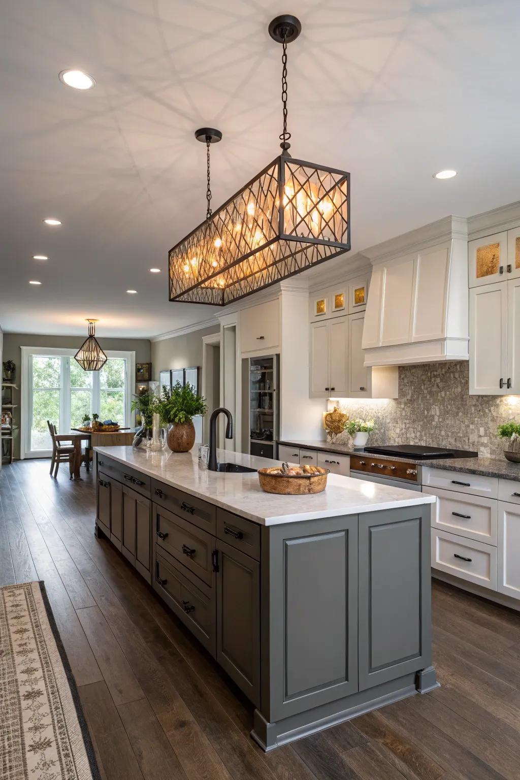 Statement lighting adds flair to a one-wall kitchen.