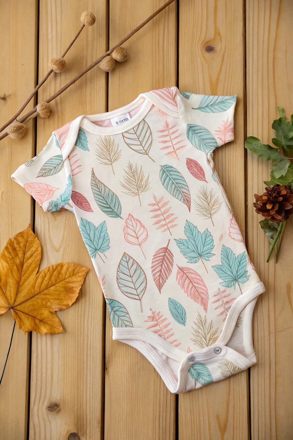 A nature-inspired onesie with beautiful leaf prints.