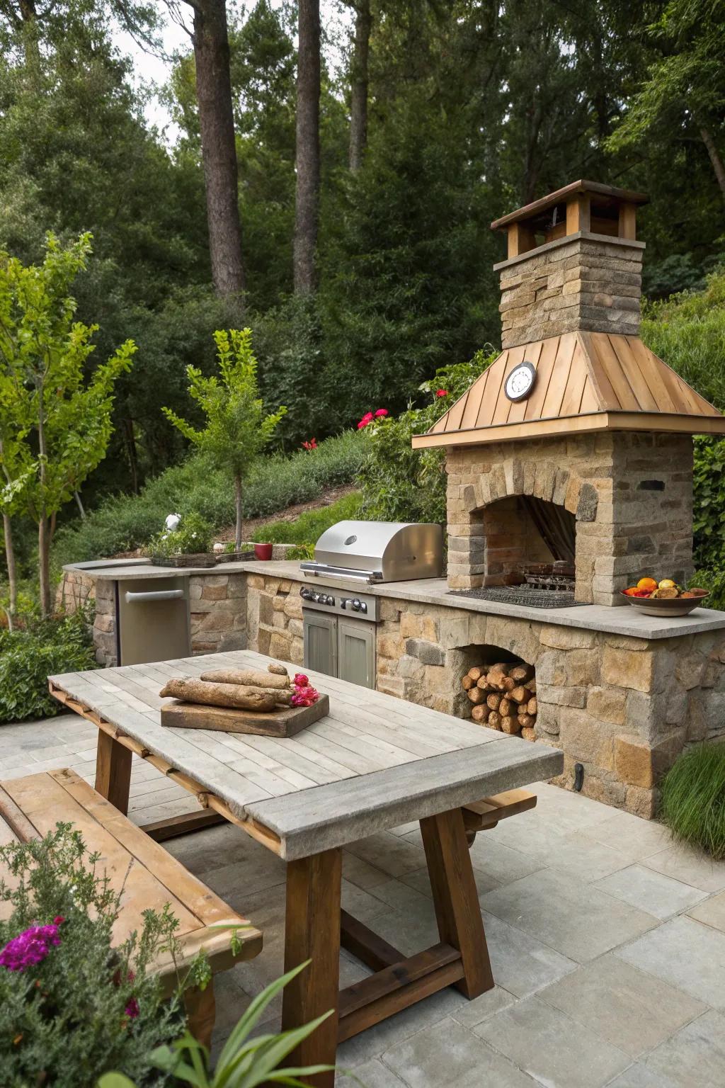 Blend your grill station with the surroundings using natural materials.