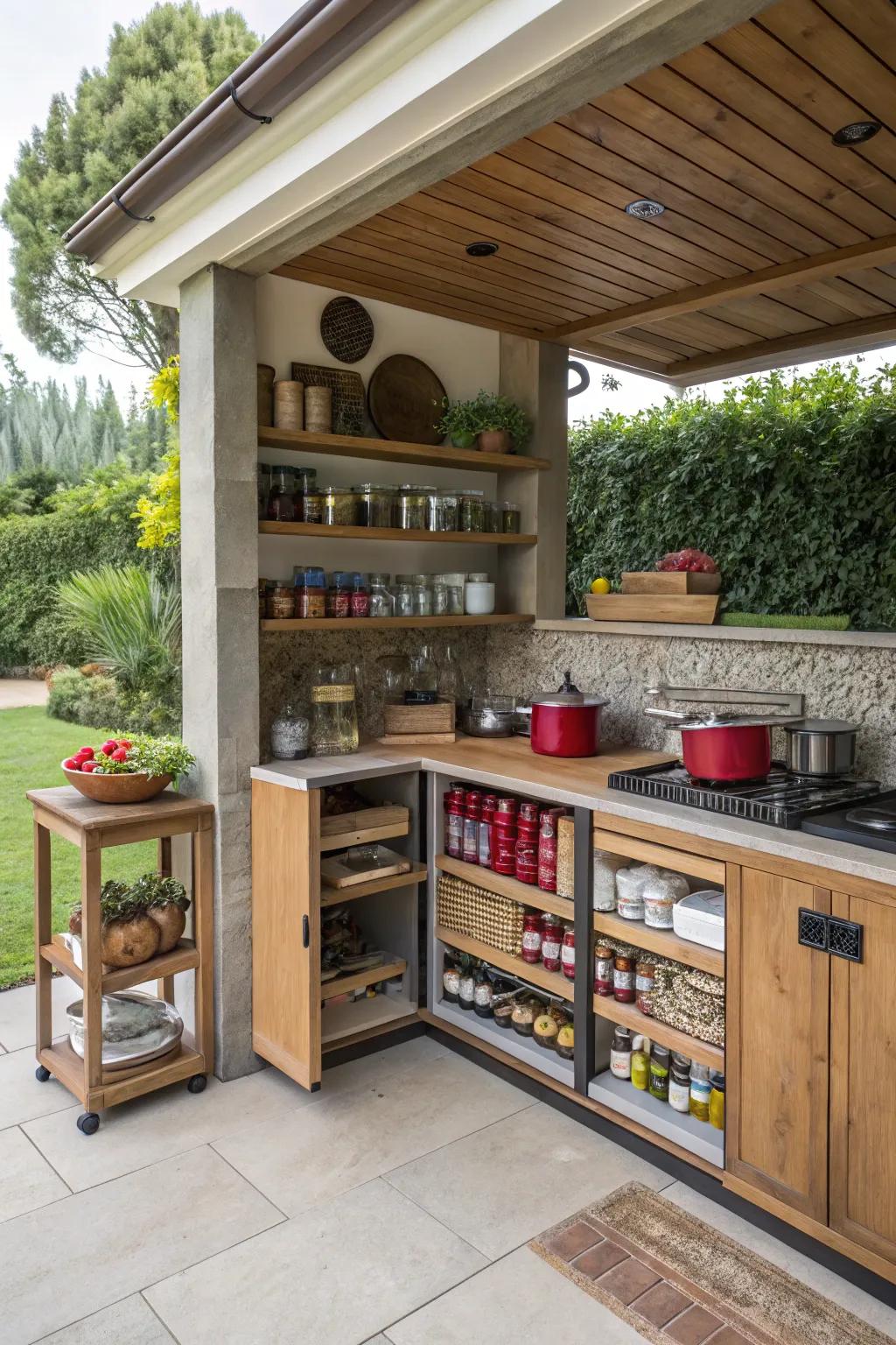 An open-air pantry keeps essentials at your fingertips.