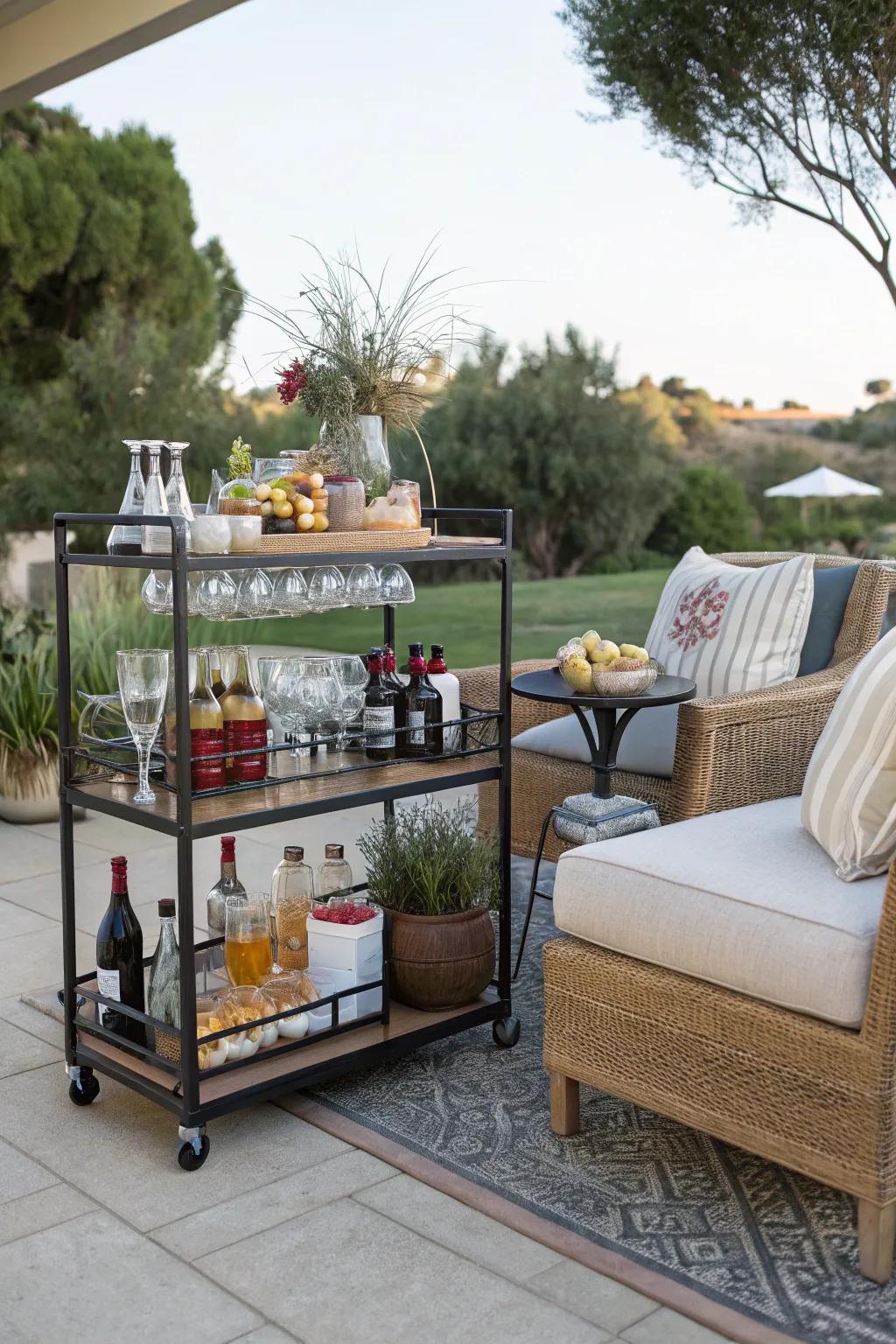 A bar cart is a stylish and functional addition to any outdoor living room.