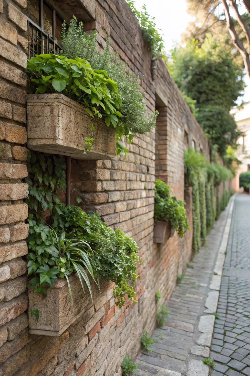 Blend architecture with nature using brick wall planters.