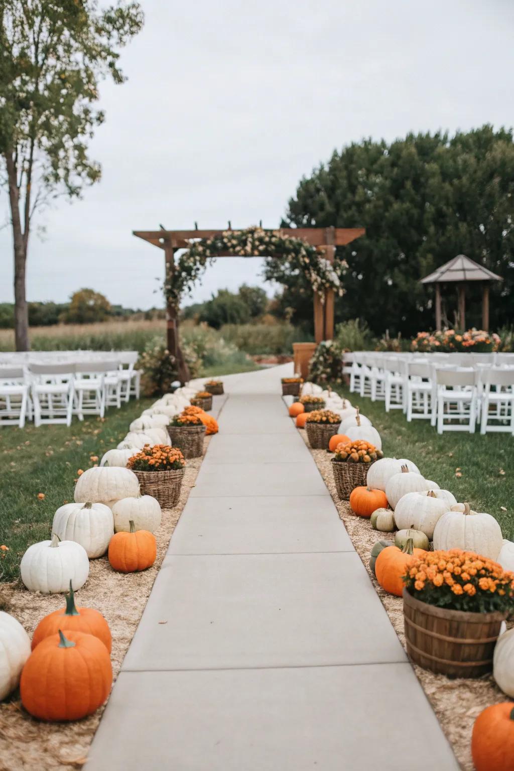 Seasonal pumpkins add a harvest feel to the wedding aisle.