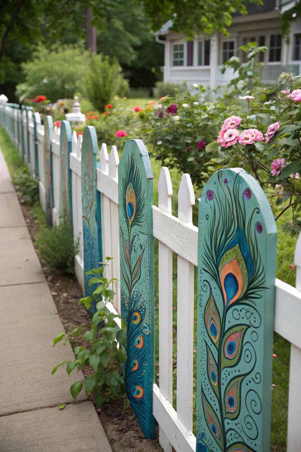 A picket fence adorned with vibrant peacock feather patterns.