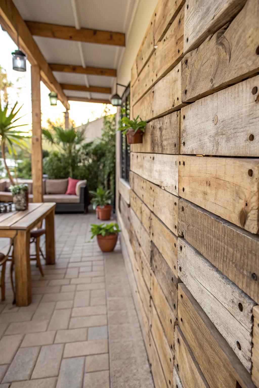 A rustic patio wall made from reclaimed wood pallets.