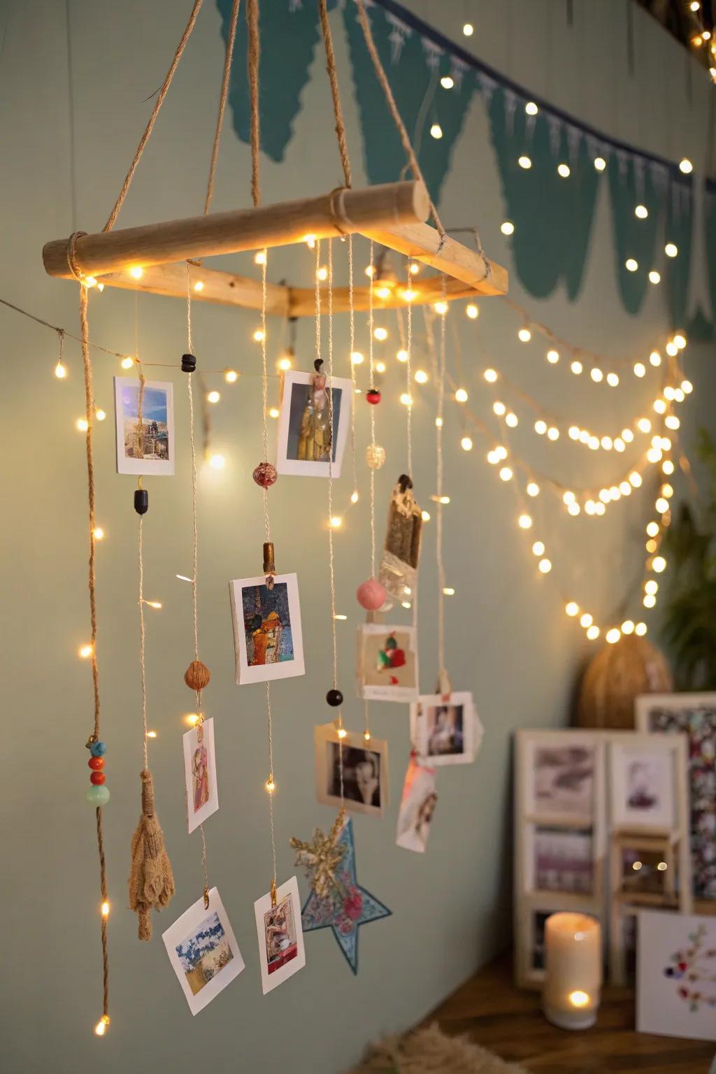 Photo mobiles with lights add a playful, artistic touch.