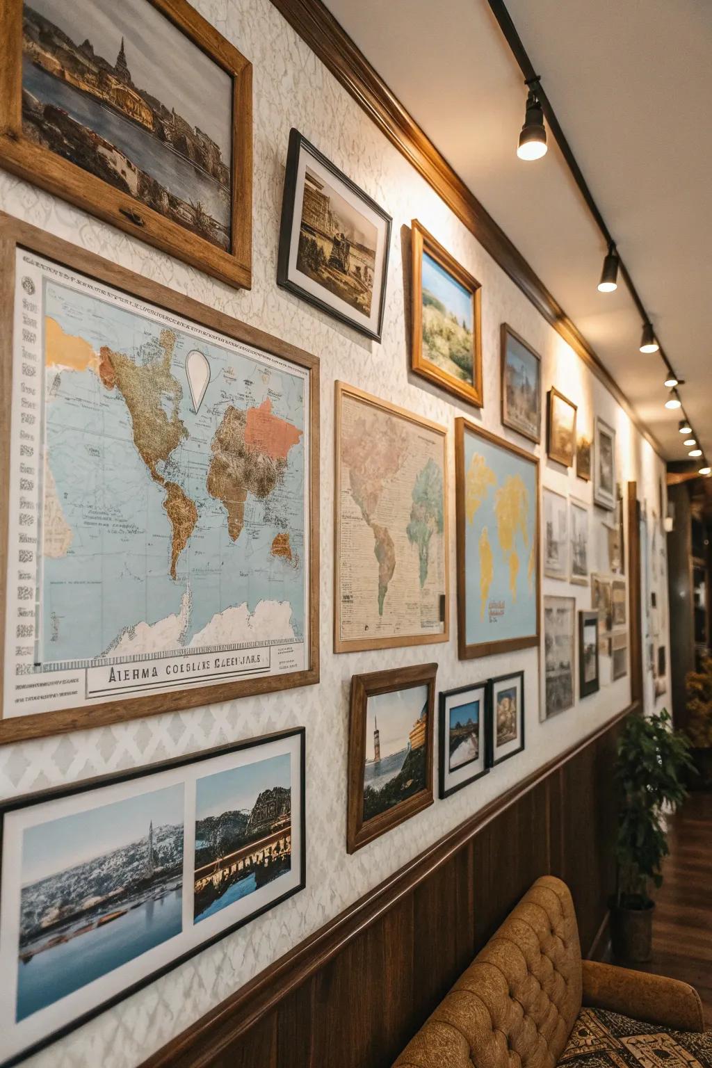 Thematic picture wall centered around travel.