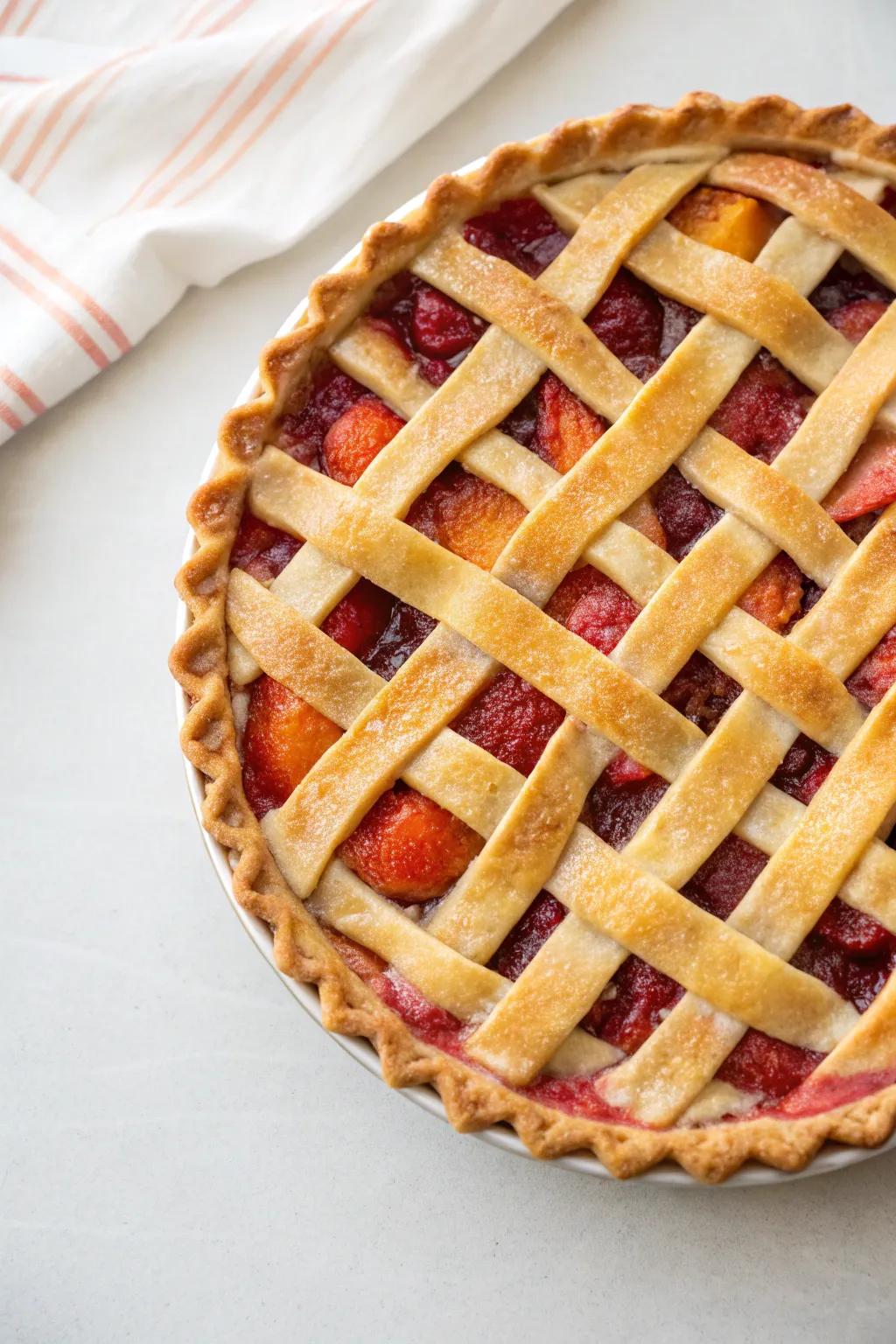 A pie with a beautifully intricate lattice crust.