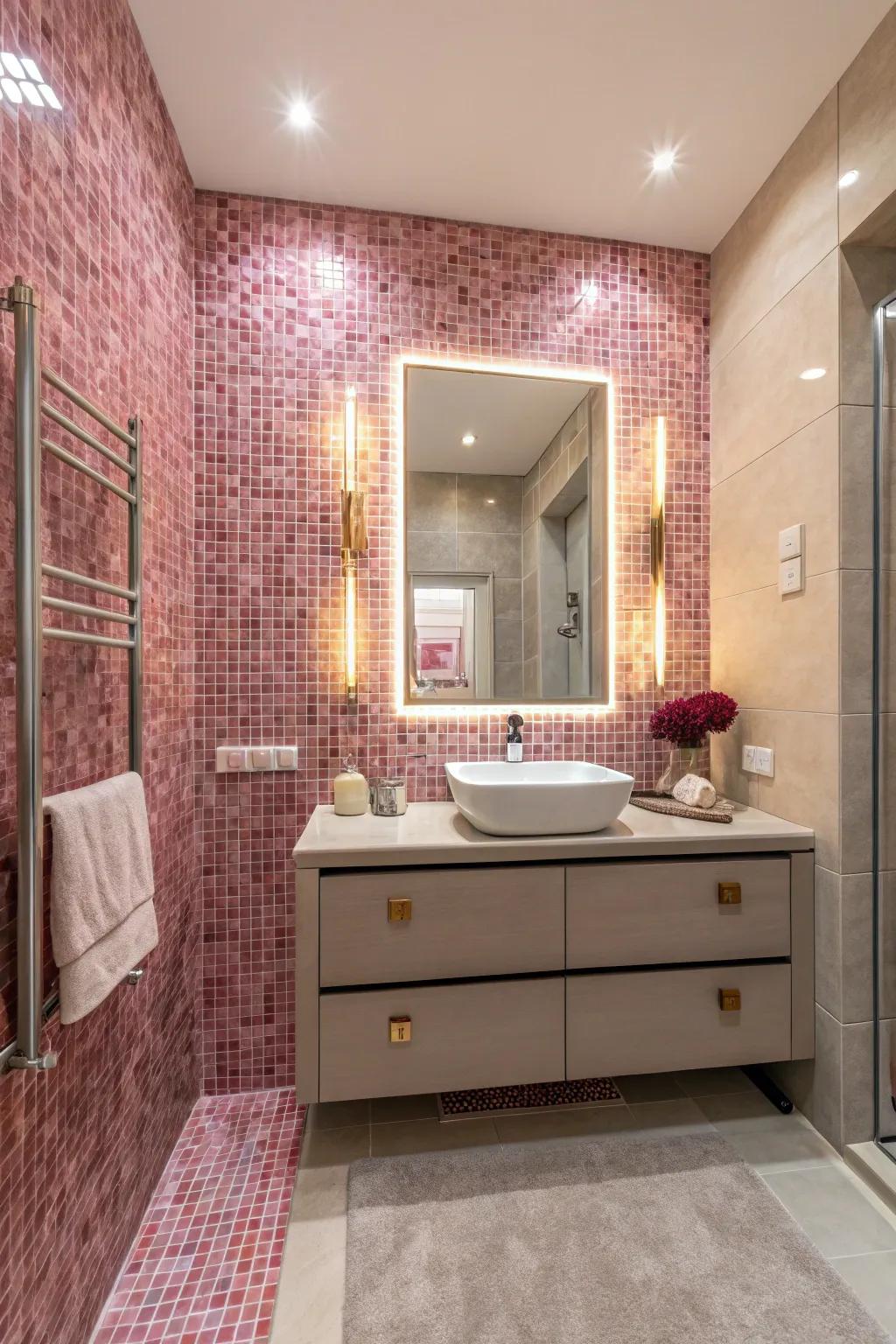 Pink mosaic tiles add intricate detail.