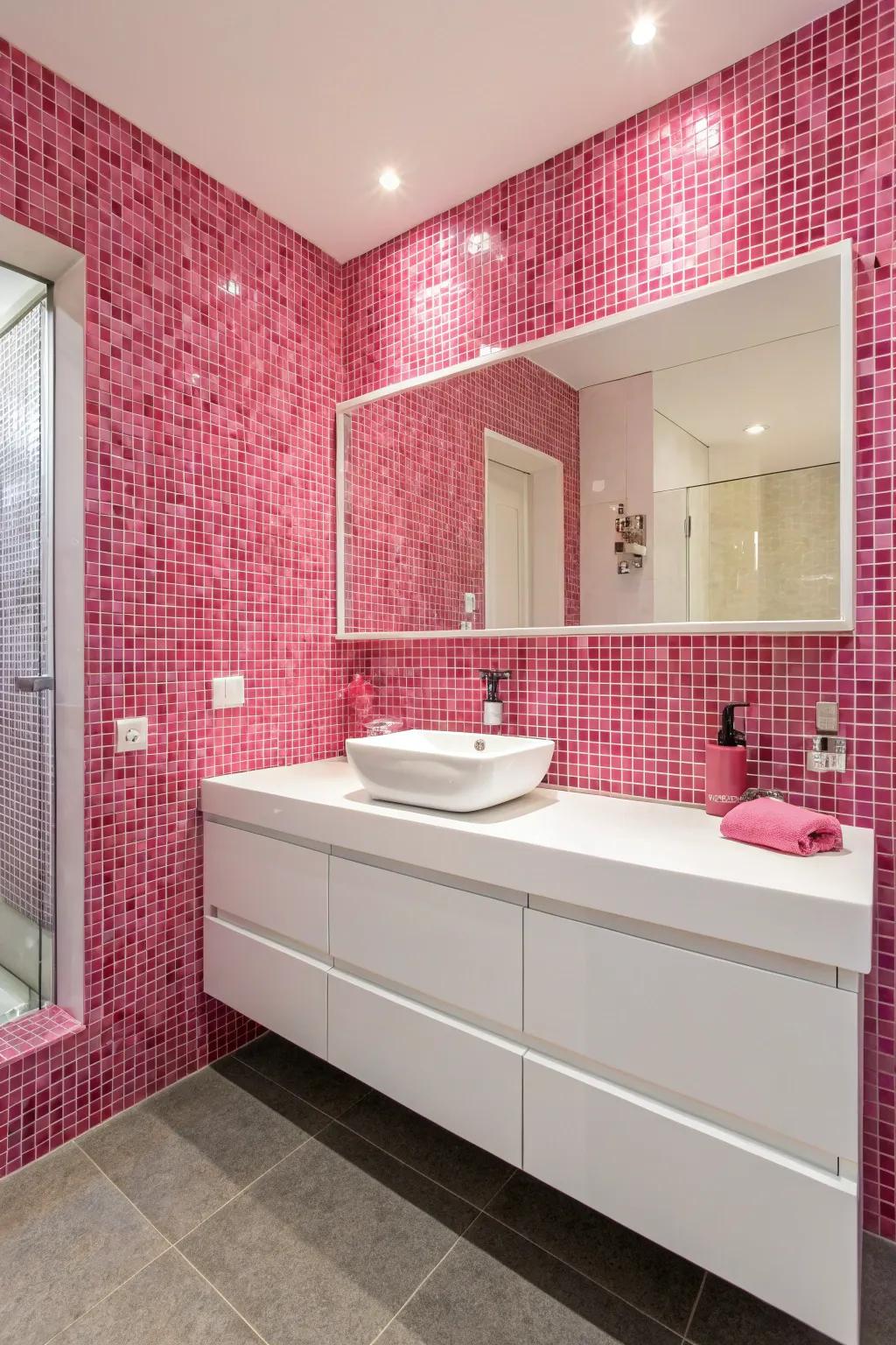 A striking statement wall of pink mosaic tiles.