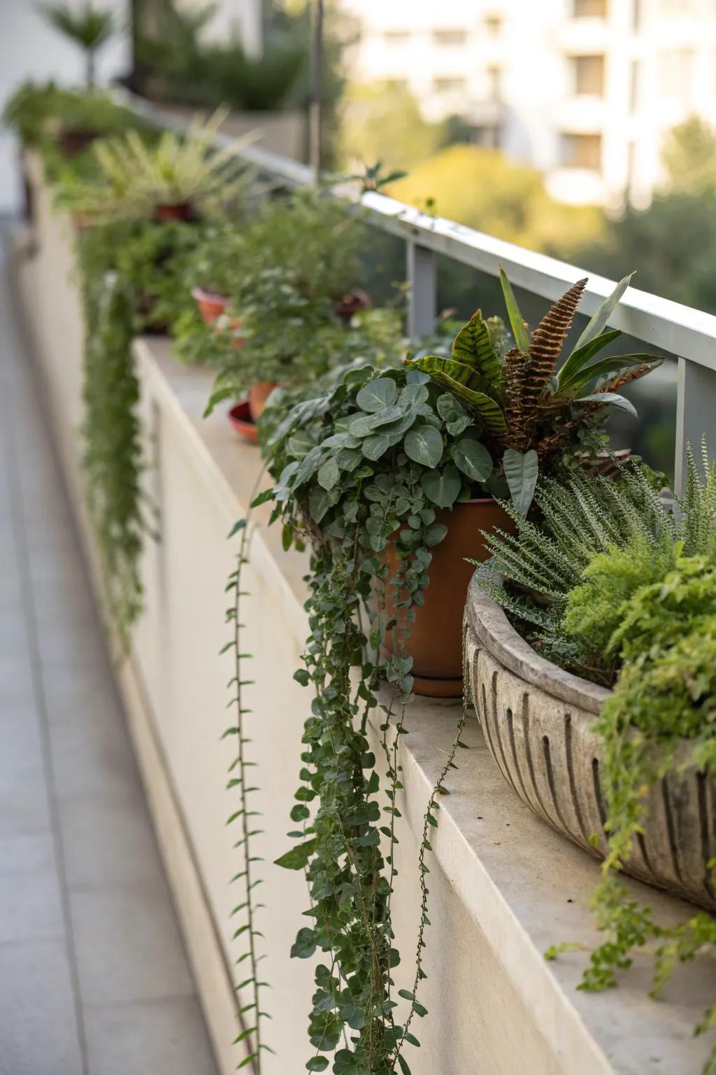 A mix of symmetry and asymmetry creates a balanced and dynamic plant ledge.