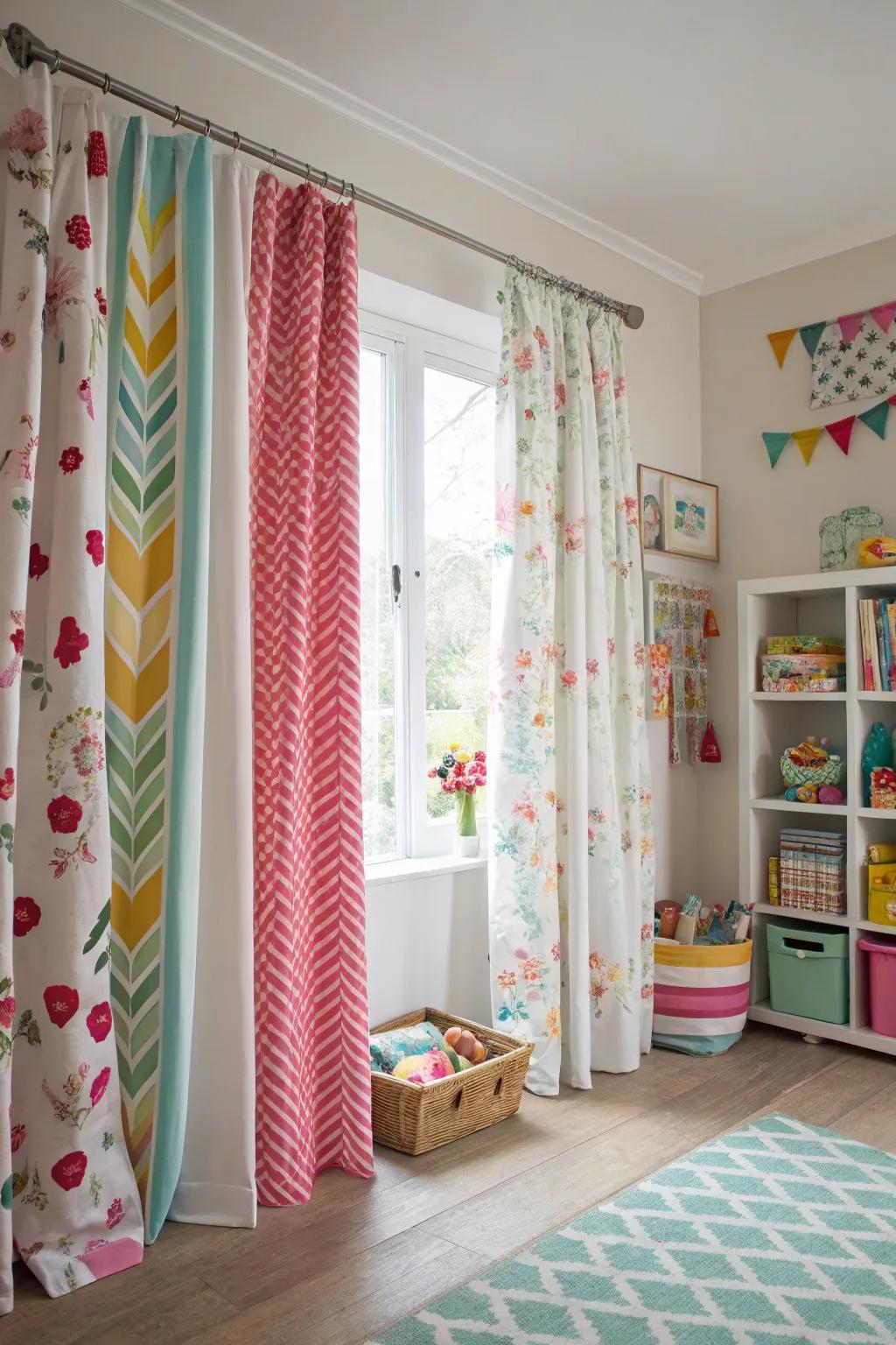 Mixing curtain styles adds visual interest to the playroom.