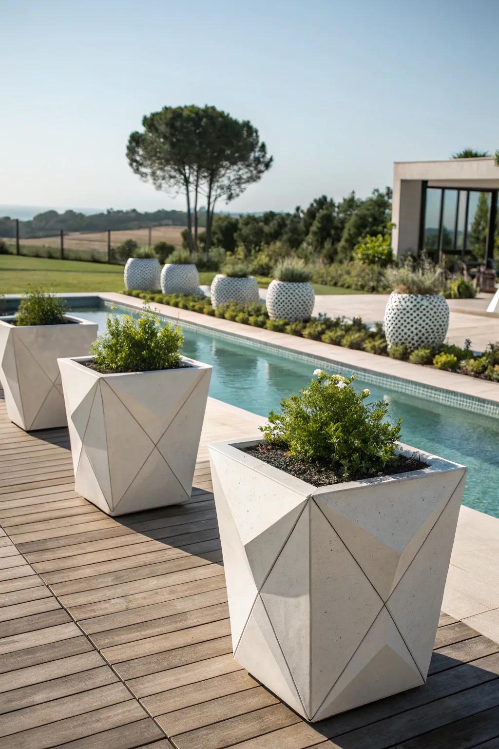 Stylish structure with architectural planters on the pool deck.