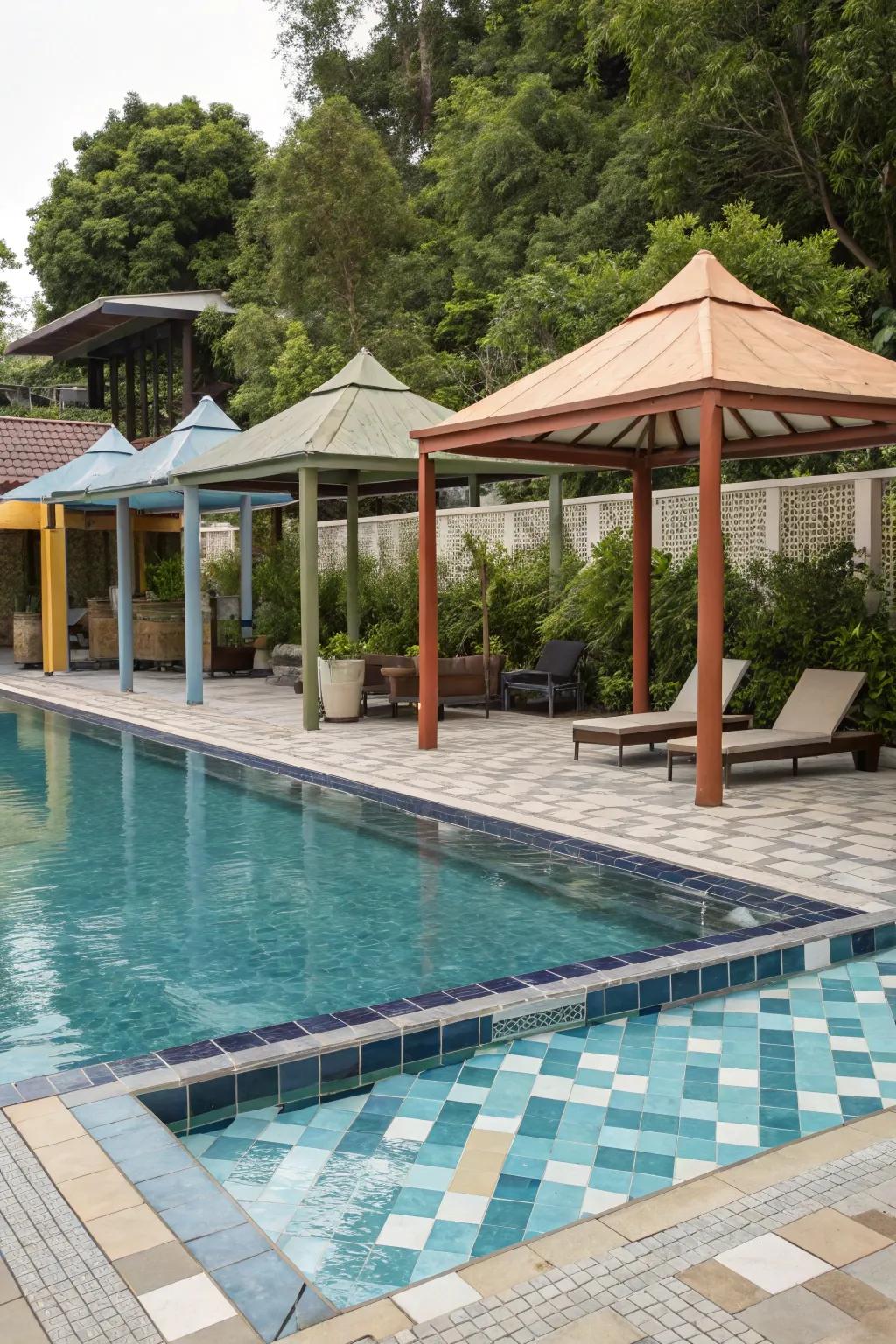 Color coordination creates a seamless and cohesive poolside aesthetic.