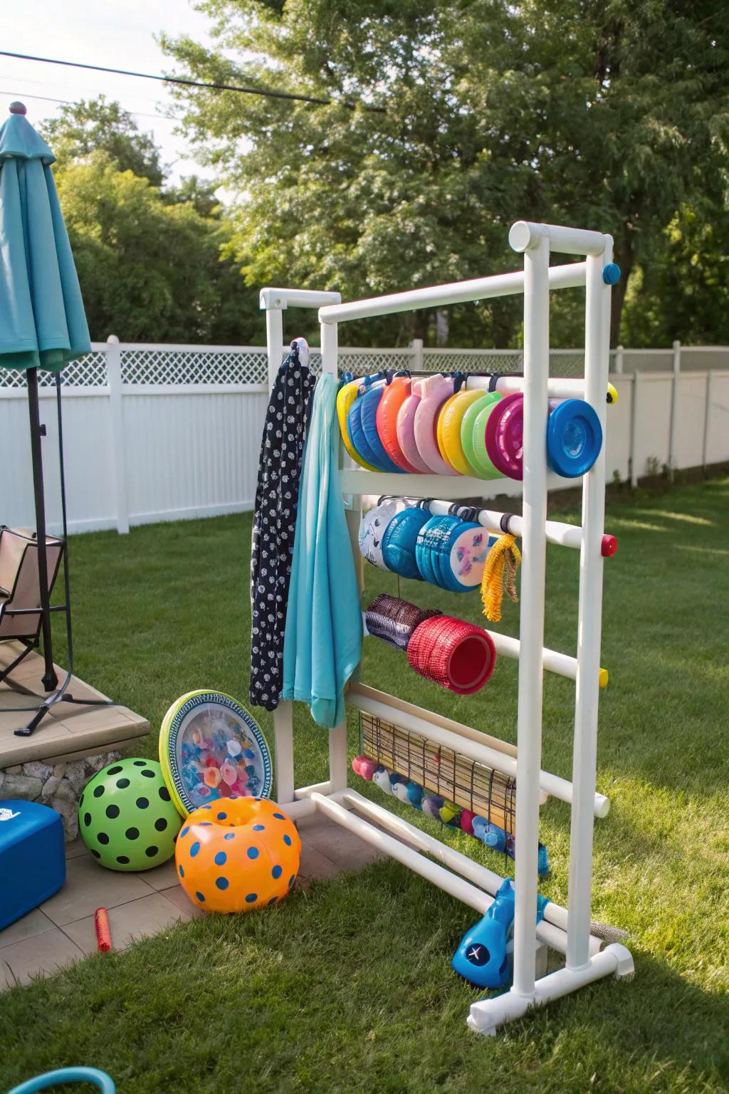 A PVC pipe rack offers a durable storage option for pool gear.