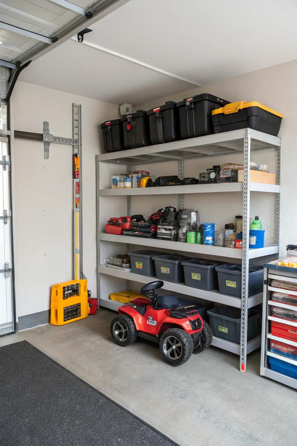 Corner shelves optimizing garage space for power wheels.