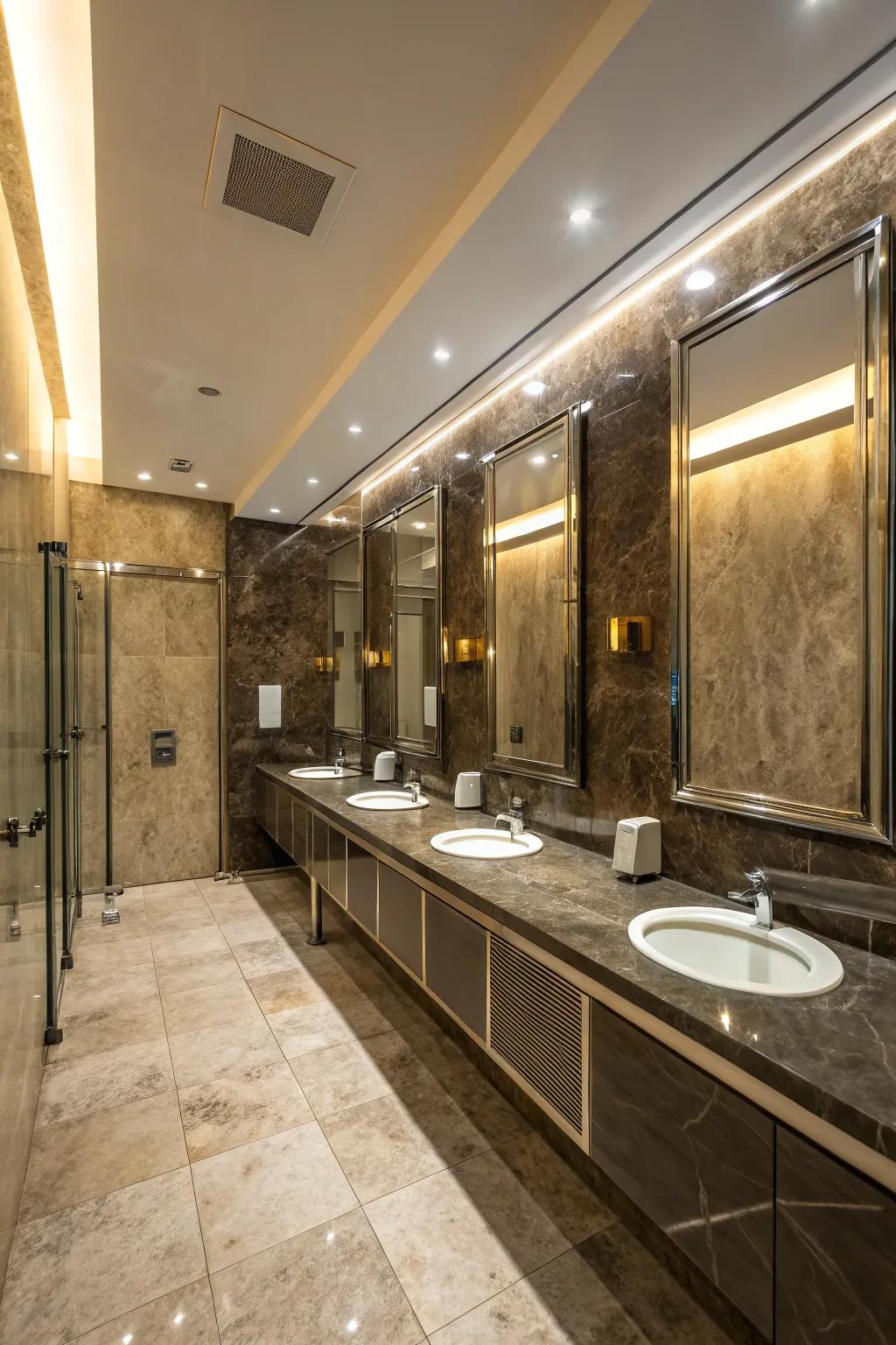 High-end materials enhance the aesthetic of public bathrooms.