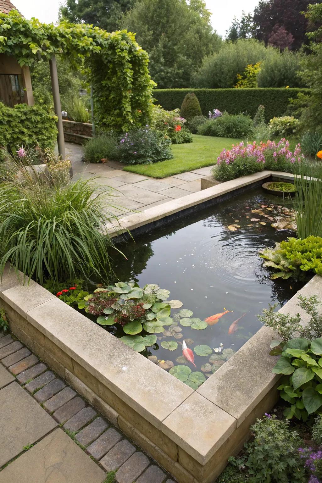 A vibrant corner design for a raised koi pond.